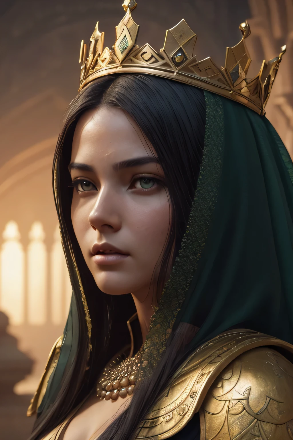 model shooting style, (Highly detailed CG Unity 8K wallpaper), full body photos of the world'The most beautiful artwork, medieval queen, green veil, black skin, black woman, golden crown, diamond, Medieval architecture, Professional majestic oil painting by Ed Blinky, liver gailan, Studio Ghibli, Author Jeremy Mann, Greg Mantis, Antonio Moro, Trends in Artstation, trending on cgsociety, Complex, high detail, sharp focus, dramatic, Realistic Painting Art by Midjourney and Greg Rutkowski, close up of face