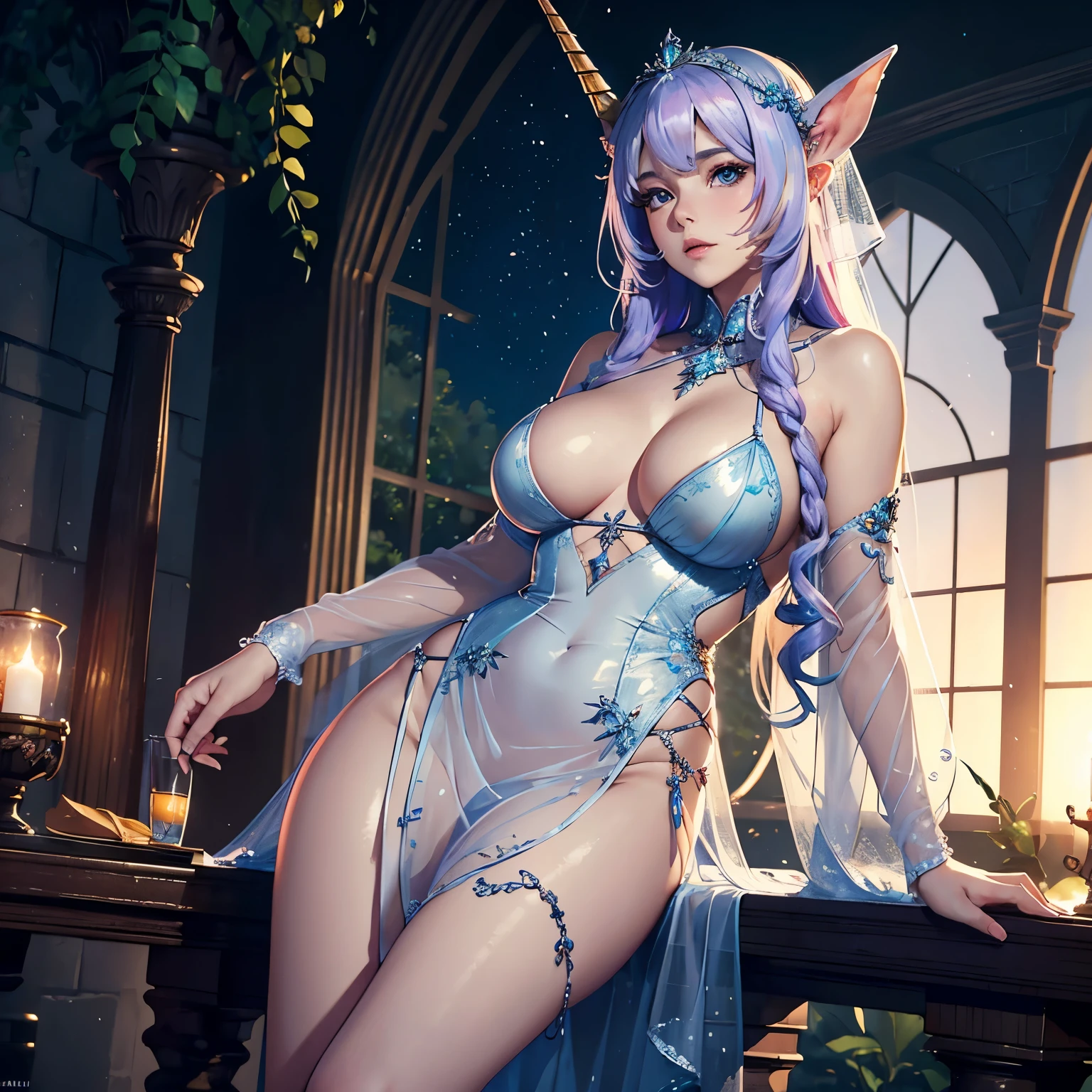 (two subjects)(complex details)(a very high quality,4k,8k,highres,masterpiece:1.2), ultra-detailed, realistic, photorealistic:1.37, HDR, UHD, studio lighting, extreme detail description, professional, vivid colors, bokeh, portraits, landscape, fantasy, sexy, Malaysian, damsel, hijab, sheer, open, translucent dress, big breasts, cute face, unshaved pubic area, pets, kisses, fantasy unicorn, elven glade, moonlight