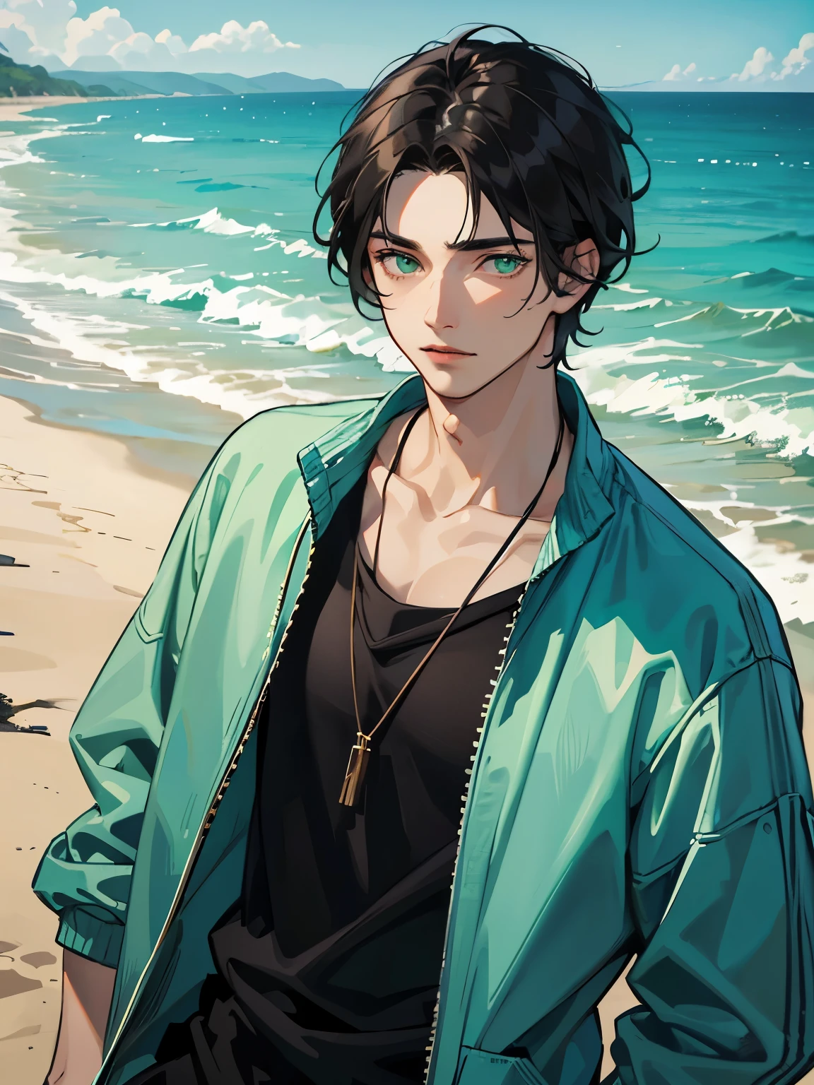 men, young men, men's black hair, green eyes, beach clothes, beach photo shoot, special effects, filter camera, very detailed