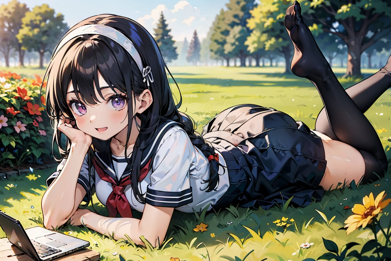 body 8 times longer than head, (Highly detailed CG unity 8k), (highest quality)，(very detailed)，(ultra high resolution), black hair, High school girl wearing a navy sailor suit, Anime 2D rendering, realistic young anime high school girl, ((White headband)), purple eyes, small breasts, tall, slanted eyes, (school scenery), black stockings, bright color, open your mouth, Dark blue skirt,  braid hair, Bangs Patsun, position looking down from above, lie on your stomach, Photographing flowers blooming on the ground with a smartphone, smile, 