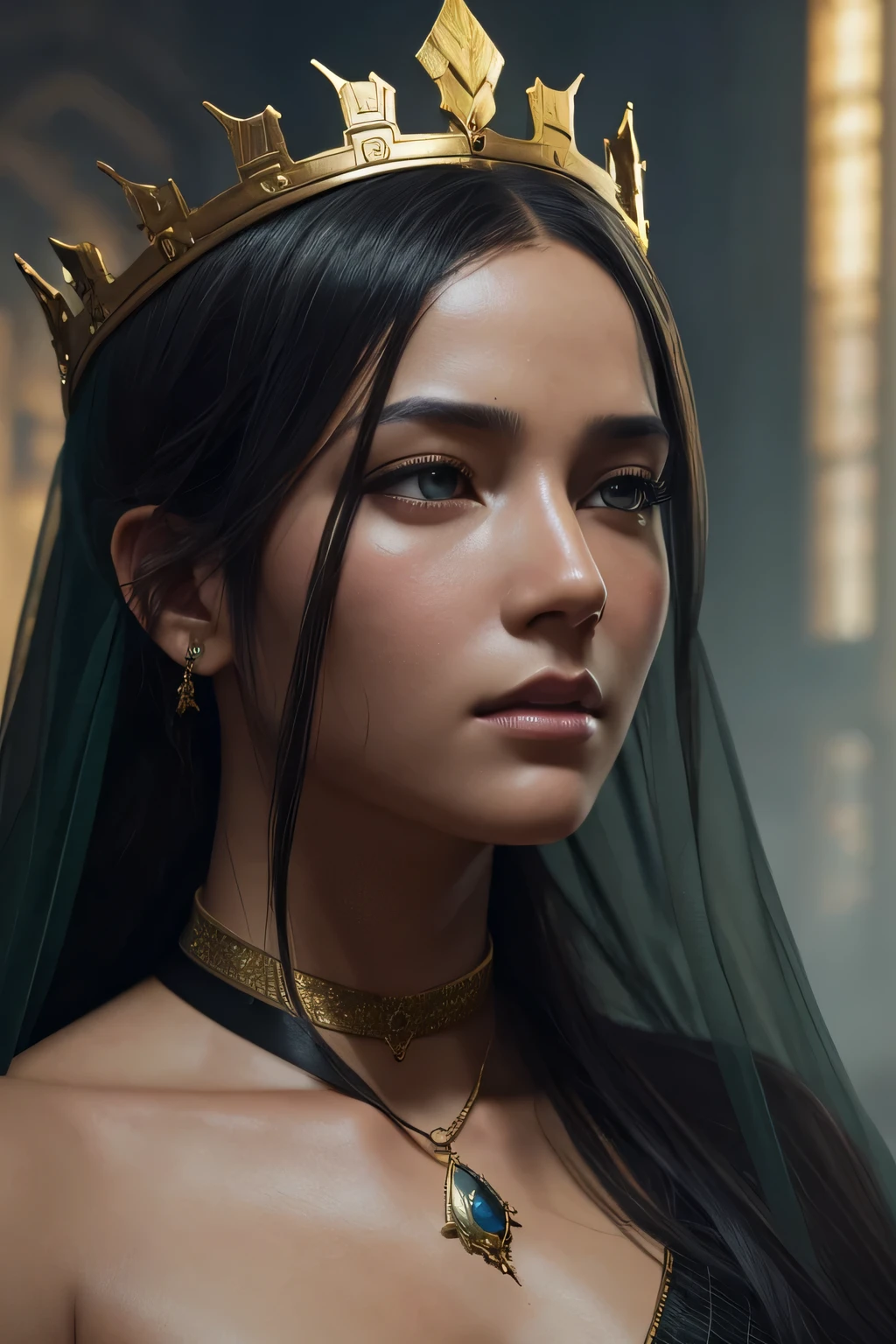 model shooting style, (Highly detailed CG Unity 8K wallpaper), full body photos of the world'The most beautiful artwork, medieval queen, green veil, black skin, black woman, golden crown, diamond, Medieval architecture, Professional majestic oil painting by Ed Blinky, liver gailan, Studio Ghibli, Author Jeremy Mann, Greg Mantis, Antonio Moro, Trends in Artstation, trending on cgsociety, Complex, high detail, sharp focus, dramatic, Realistic Painting Art by Midjourney and Greg Rutkowski, close up of face