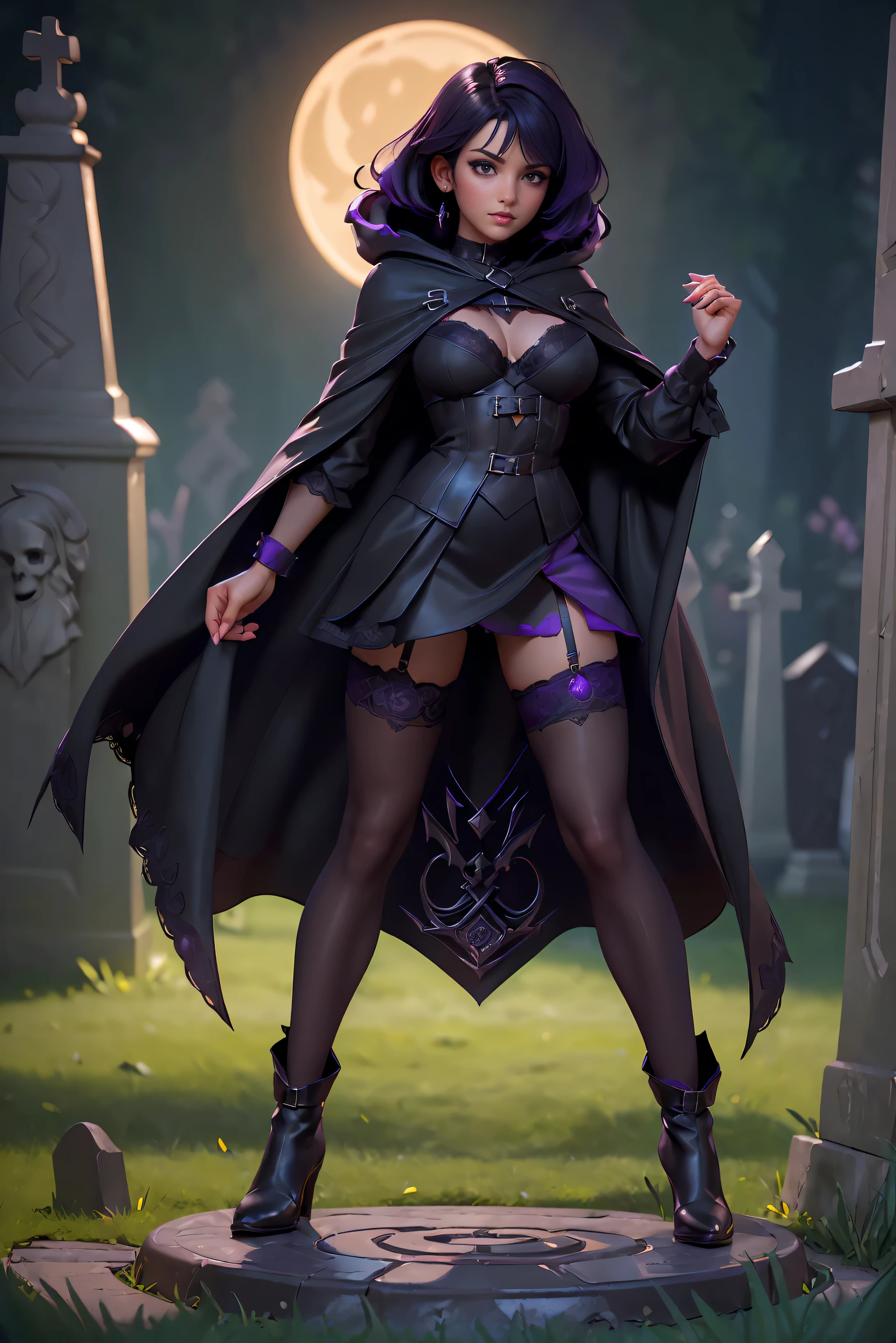 (Best Quality, (High resolution:1.2), Ultra-detailed, Realistic portrait, female necromancer, long black cloak, beautiful face, dark background, cemetery, depth of field, short black and purple hair, night time, (full body), mini skirt, black stockings, lace lingerie, perfect long legs, ankle boots