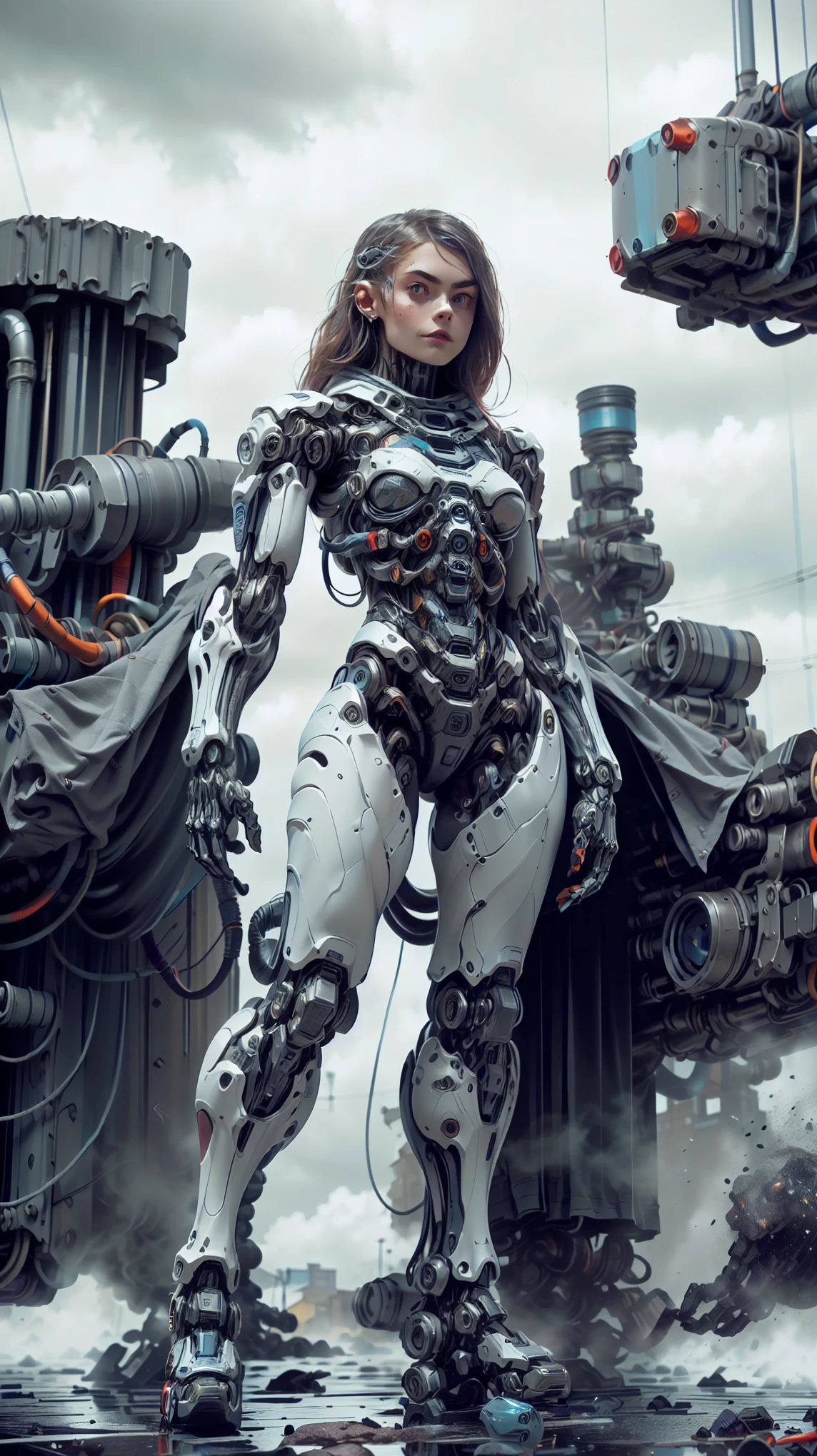 (1 girl), (beautiful cyborg queen looking at camera:1.25), (cara delevingne:1.25), (robotic mechanical physique:1.25), (full body pose:1.25), (covered in cables and mechanical muscles:1.25), (android muscular anatomy:1.25), (perfect fingers:1.25),(8k, RAW photo, photorealistic:1.25), sci fi atmosphere, futuristic Technopolis, alien landscape,