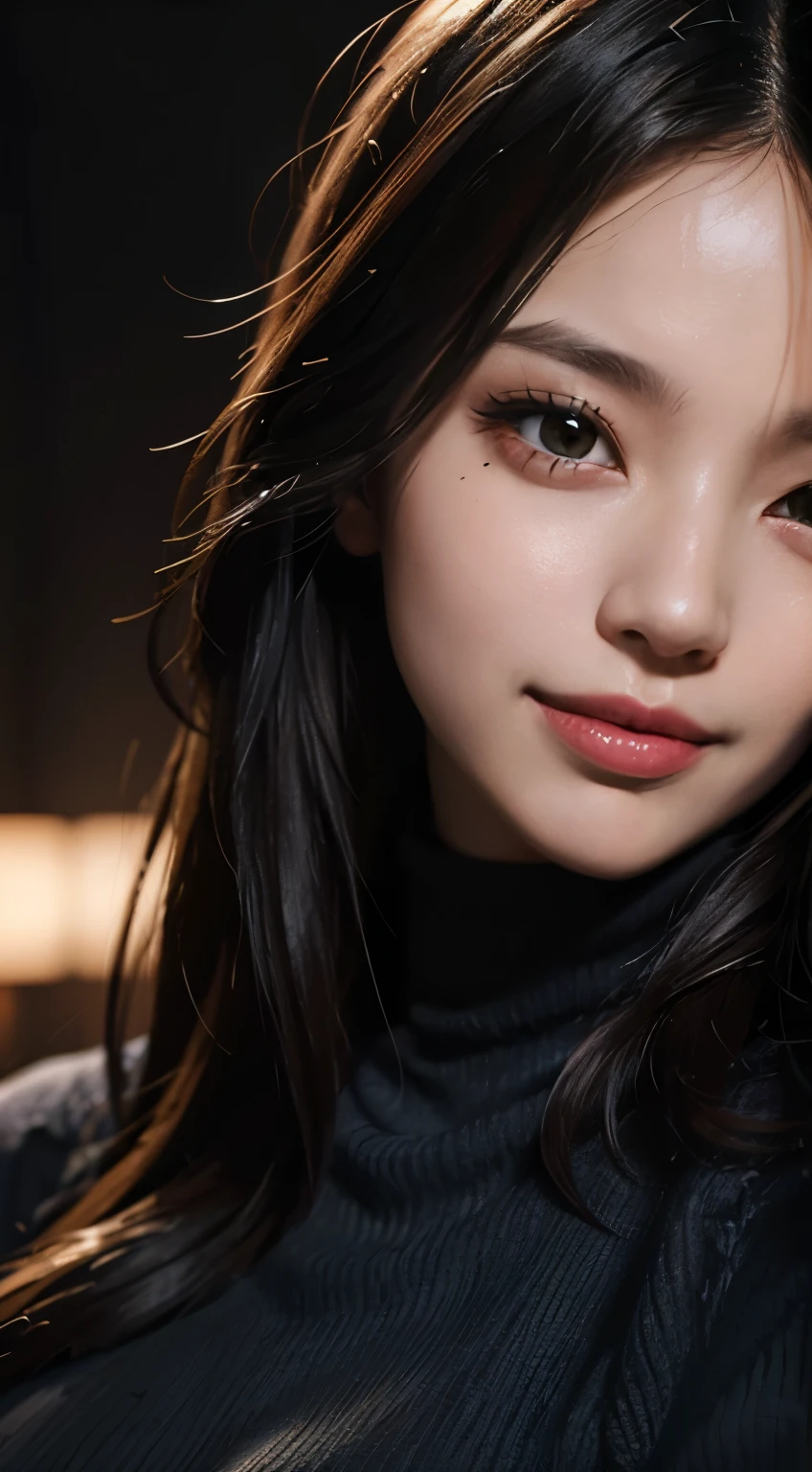 Woman, 30 years, turtleneck shirt without mana,makeup, seductive smile, cinematic lighting, bloom, wide shot, UHD, masterpiece, textured skin, super detail, high quality