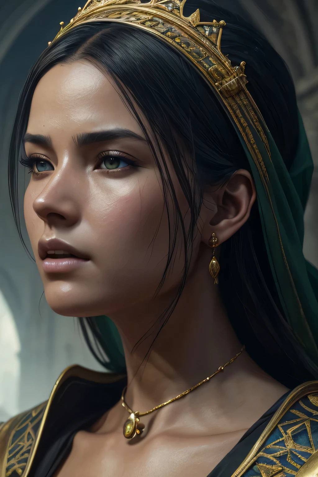 model shooting style, (Highly detailed CG Unity 8K wallpaper), full body photos of the world&#39;The most beautiful artwork, medieval queen, green veil, black skin, black woman, golden crown, diamond, Medieval architecture, Professional majestic oil painting by Ed Blinky, liver gailan, Studio Ghibli, Author Jeremy Mann, Greg Mantis, Antonio Moro, Trends in Artstation, trending on cgsociety, Complex, high detail, sharp focus, dramatic, Realistic Painting Art by Midjourney and Greg Rutkowski, close up of face