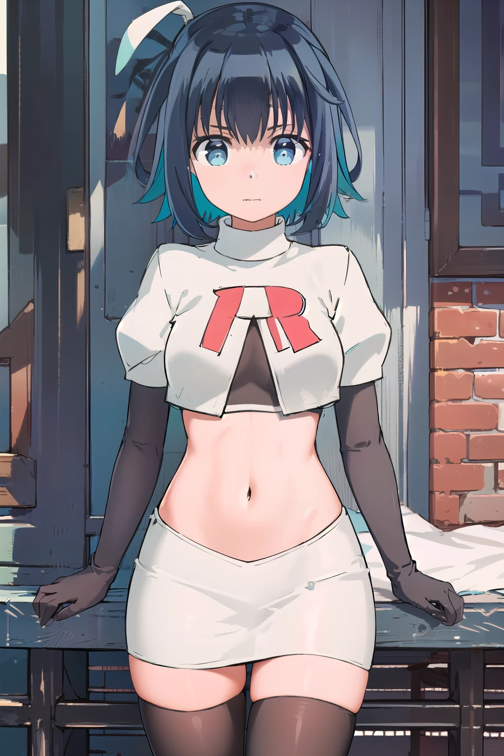 (extremely detailed CG unity 8k wallpaper),(masterpiece),(best quality),(ultra-detailed),(best illustration),(best shadow),(absurdres), Konoha, 1girl, solo, outdoors, looking at viewer, blue eyes, multicolored hair, short hair, blue hair, black hair, two-tone hair, bangs, virtual youtuber, colored inner hair, aqua hair, team rocket,team rocket uniform,white skirt,red letter R,crop top,black thigh-highs,black elbow gloves