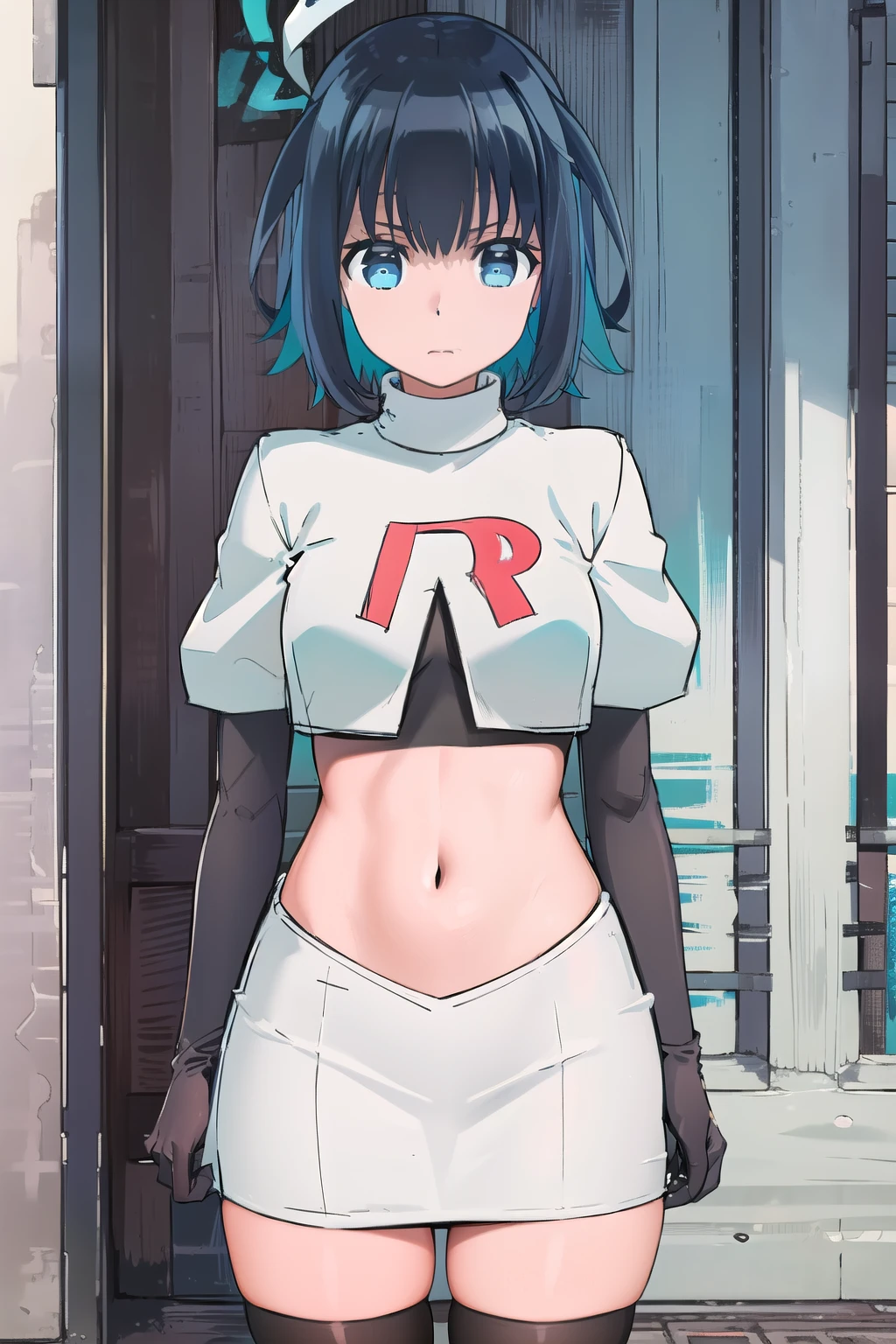 (extremely detailed CG unity 8k wallpaper),(masterpiece),(best quality),(ultra-detailed),(best illustration),(best shadow),(absurdres),  Konoha, 1girl, solo, outdoors, looking at viewer, blue eyes, multicolored hair, short hair, blue hair, black hair, two-tone hair, bangs, virtual youtuber, colored inner hair, aqua hair, team rocket,team rocket uniform,white skirt,red letter R,crop top,black thigh-highs,black elbow gloves