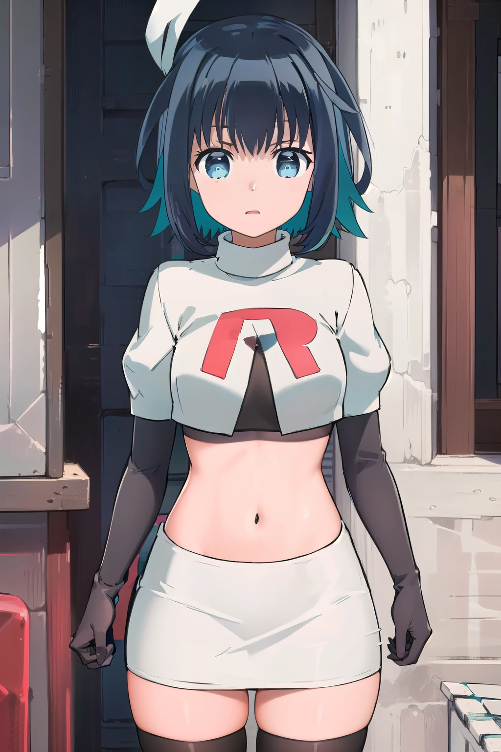 (extremely detailed CG unity 8k wallpaper),(masterpiece),(best quality),(ultra-detailed),(best illustration),(best shadow),(absurdres), Konoha, 1girl, solo, outdoors, looking at viewer, blue eyes, multicolored hair, short hair, blue hair, black hair, two-tone hair, bangs, virtual youtuber, colored inner hair, aqua hair, team rocket,team rocket uniform,white skirt,red letter R,crop top,black thigh-highs,black elbow gloves