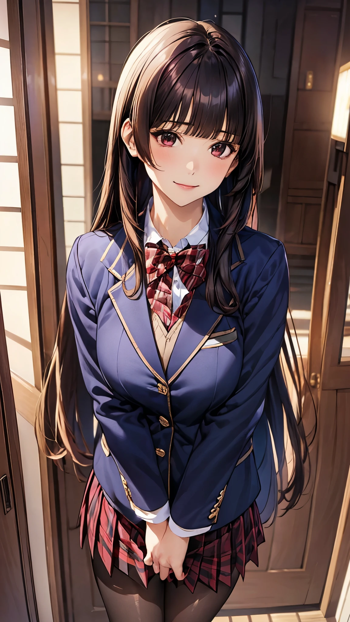 (masterpiece:1.2, top-quality), (realistic, photorealistic:1.4), beautiful illustration, (natural side lighting, movie lighting),
looking down at viewer, from below:1.2, 1 girl, japanese, high school girl, perfect face, cute and symmetrical face, shiny skin, face,
(long hair, hime style, hime cut, black hair), blunt bangs, brown eyes, (middle breasts, seductive thighs, big ass),
beautiful hair, beautiful face, beautiful detailed eyes, beautiful clavicle, beautiful body, beautiful chest, beautiful thigh, beautiful legs, beautiful fingers, five fingers,
(((navy blazer, close clothes), white collared shirt, red plaid pleated miniskirt, dark red bow tie), black pantyhose),
(beautiful scenery), evening, girl's room, standing, (lovly smile, upper eyes),