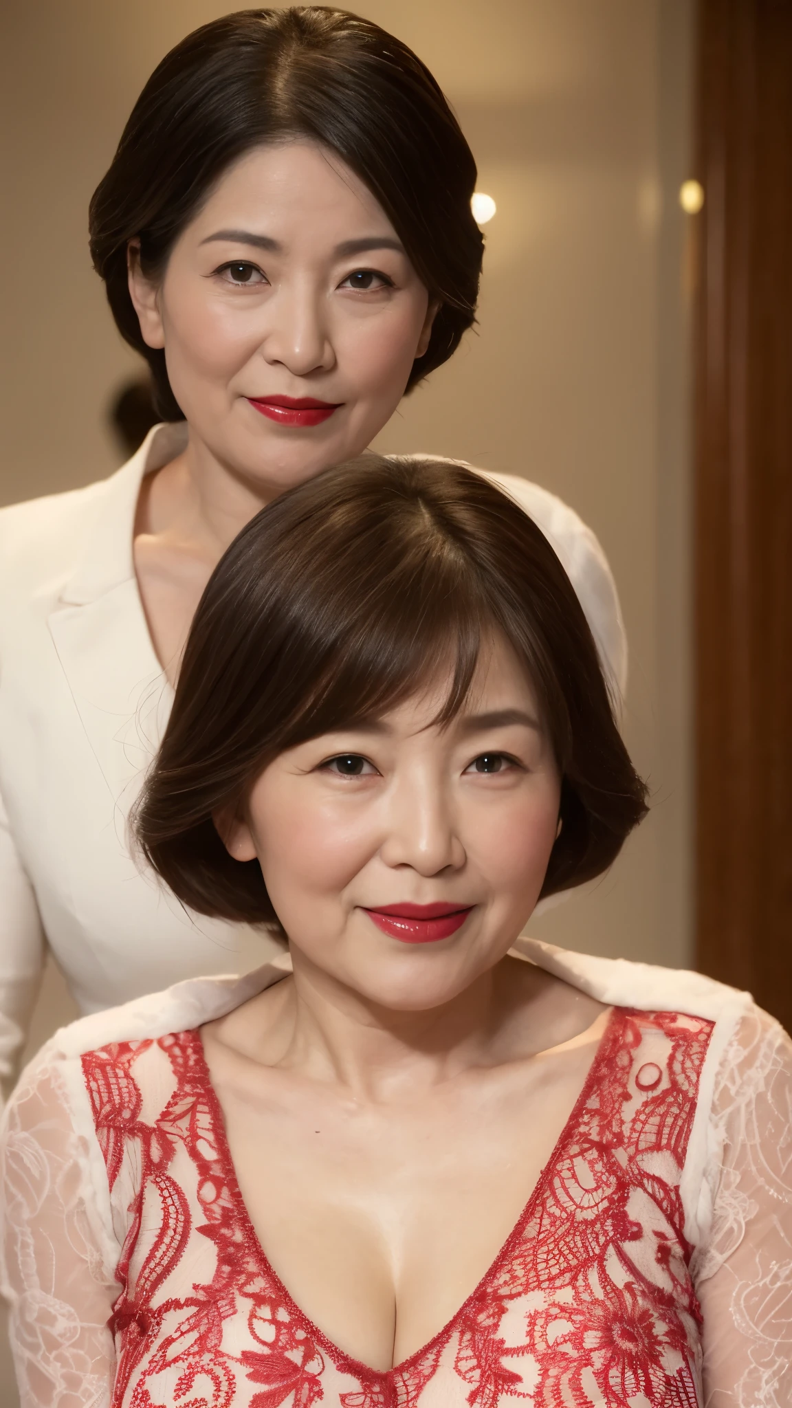 Remove the background, gravure, describe the lips correctly, red lipstick, from the chest up, In underwear, elderly politician, mature woman, 豊満mature woman, Fancy face, highest quality, Super high quality, realistic, super dense skin, perfect description, (日本人mature woman1人), (erotic), 100 years old, big breasts, Bewitching, Glamour, sexy, pure white skin, looking at the viewer,
