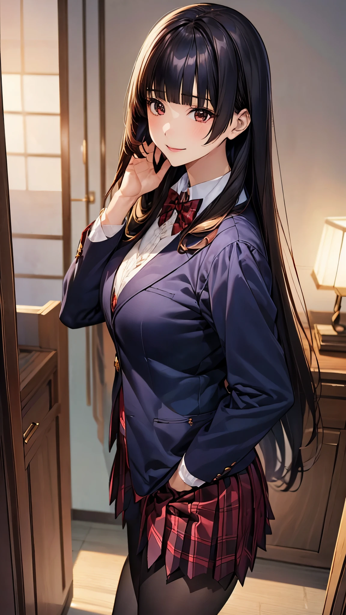 (masterpiece:1.2, top-quality), (realistic, photorealistic:1.4), beautiful illustration, (natural side lighting, movie lighting),
looking down at viewer, from below:1.2, 1 girl, japanese, high school girl, perfect face, cute and symmetrical face, shiny skin, babyface,
(long hair, hime style, hime cut, black hair), blunt bangs, brown eyes, (middle breasts, seductive thighs, big ass),
beautiful hair, beautiful face, beautiful detailed eyes, beautiful clavicle, beautiful body, beautiful chest, beautiful thigh, beautiful legs, beautiful fingers, five fingers,
(((navy blazer, close clothes), white collared shirt, red plaid pleated miniskirt, dark red bow tie), black pantyhose),
(beautiful scenery), evening, girl's room, standing, (lovly smile, upper eyes),