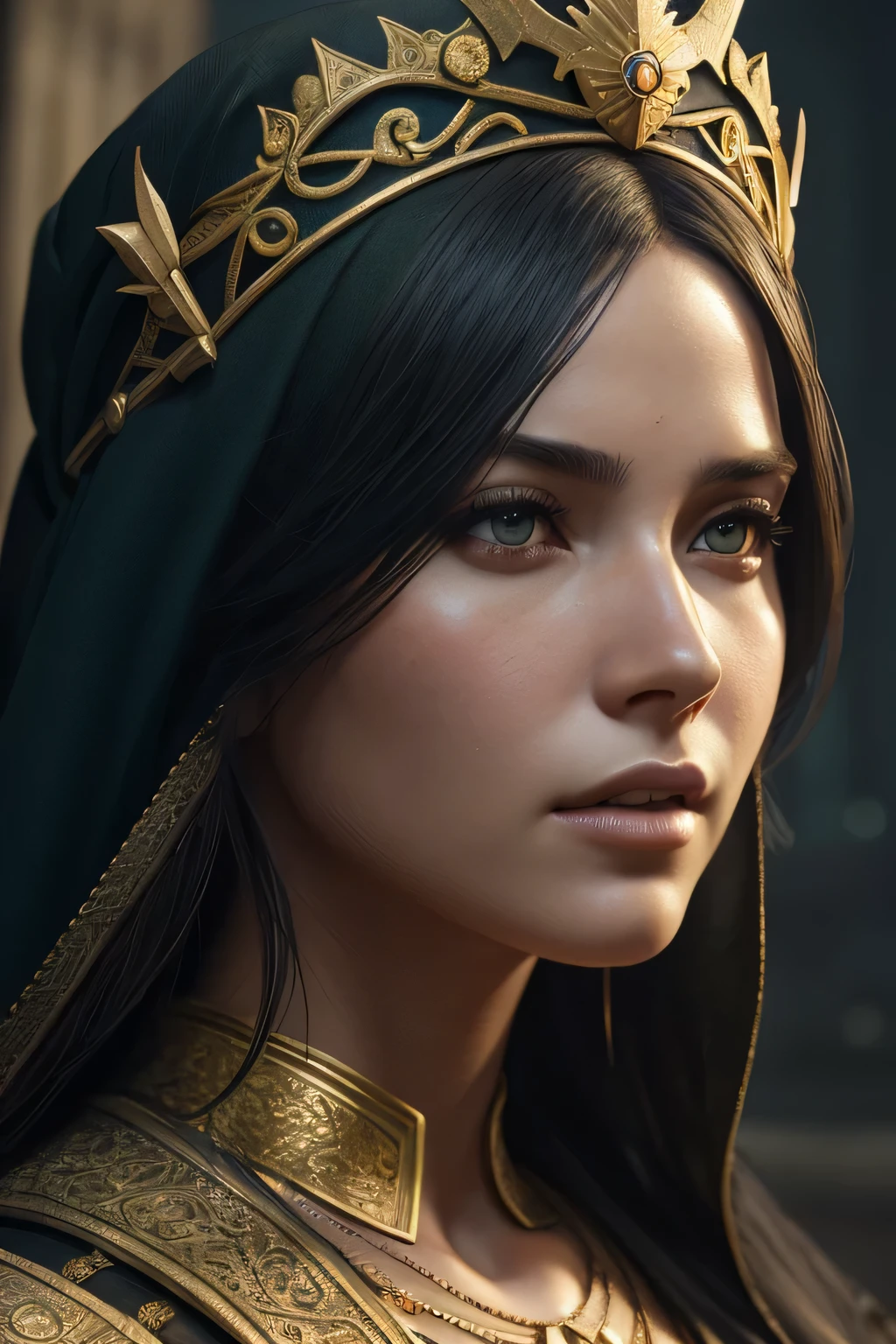 model shooting style, (Highly detailed CG Unity 8K wallpaper), full body photos of the world&#39;The most beautiful artwork, medieval queen, green veil, black skin, black woman, golden crown, diamond, Medieval architecture, Professional majestic oil painting by Ed Blinky, liver gailan, Studio Ghibli, Author Jeremy Mann, Greg Mantis, Antonio Moro, Trends in Artstation, trending on cgsociety, Complex, high detail, sharp focus, dramatic, Realistic Painting Art by Midjourney and Greg Rutkowski, close up of face