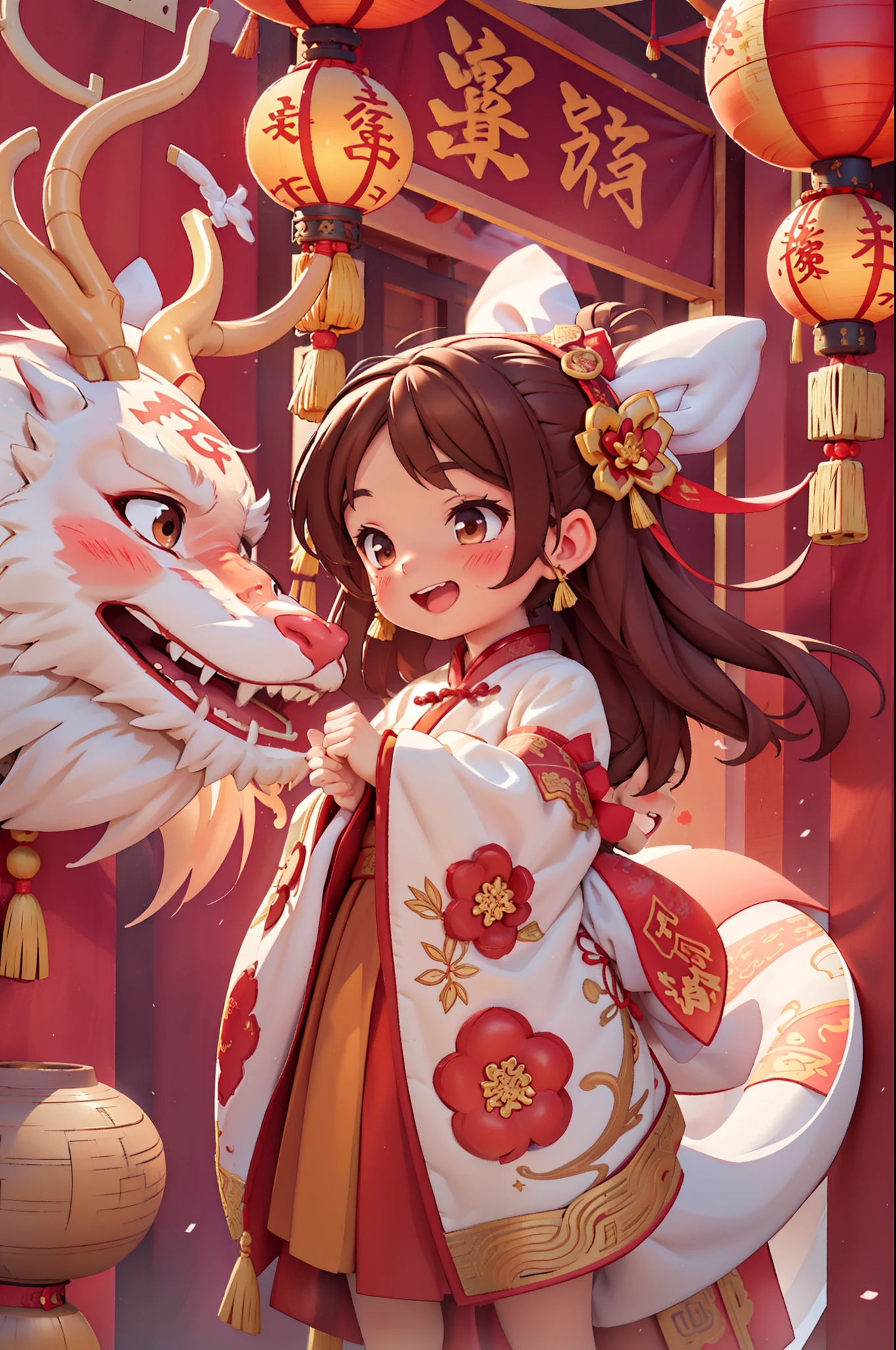 8k,original photo,(masterpiece:1.2),alone,Super detailed,Extremely detailed CG 8k wallpaper,incubation (texture),CNY,1 girl,alone,Wear traditional Chinese clothing to welcome the winter solstice festival, long hair,looking at the audience,blush,Smile,open mouth,simple background,brown hair,hair accessories,Hanfu，long sleeves,skirt,Double tail,brown eyes,Raise your hand,low Double tail,Chinese clothes,red background,Big red lanterns hung high，Holding a wishful ornament，