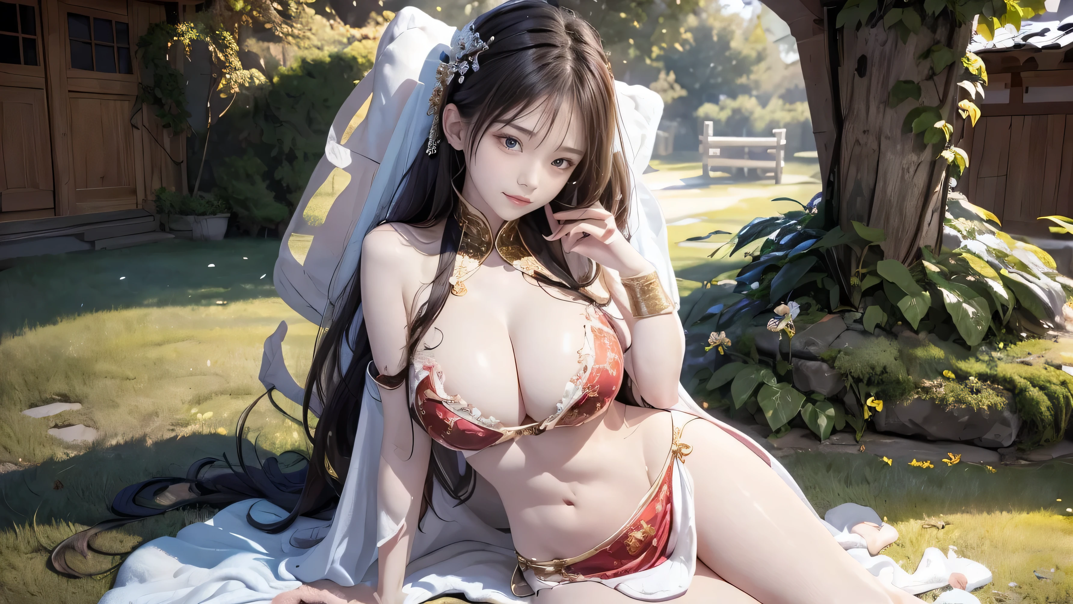 (Great sense of reality:1.4, On the snow:1.3, 8k), quality, masterpiece, ultra high resolution, Perfect dynamic composition, Professional camera work, plant growth Light efficiency, mystery肖像, Light, Highly detailed skin and facial textures:1.3, super detailed, Detailed hands, exquisite eyes, (mystery:1.3, like a dream:1.2), 1 girl, , Cute and sexy slender goddess, white skin, ( completely fascinates you:1.0), (Red gold edge translucent Chinese pocket cloth), (Super huge soft breasts:1.7), (beautiful blue eyes, eyes are big:1.2,Emphasize long eyelashes:1.5, round and beautiful:0.85), Face:0.4, (beautiful taste:0.85), ((so lovely beauty:1.5)), fantastic background,sweet smile,white,Hips raised,sweet smile,spread your thighs,Accent strapless,hands bound,Tie a ponytail,hope is huge,Gentle and gentle,fur shawl,very low cut, You can almost see the nipples