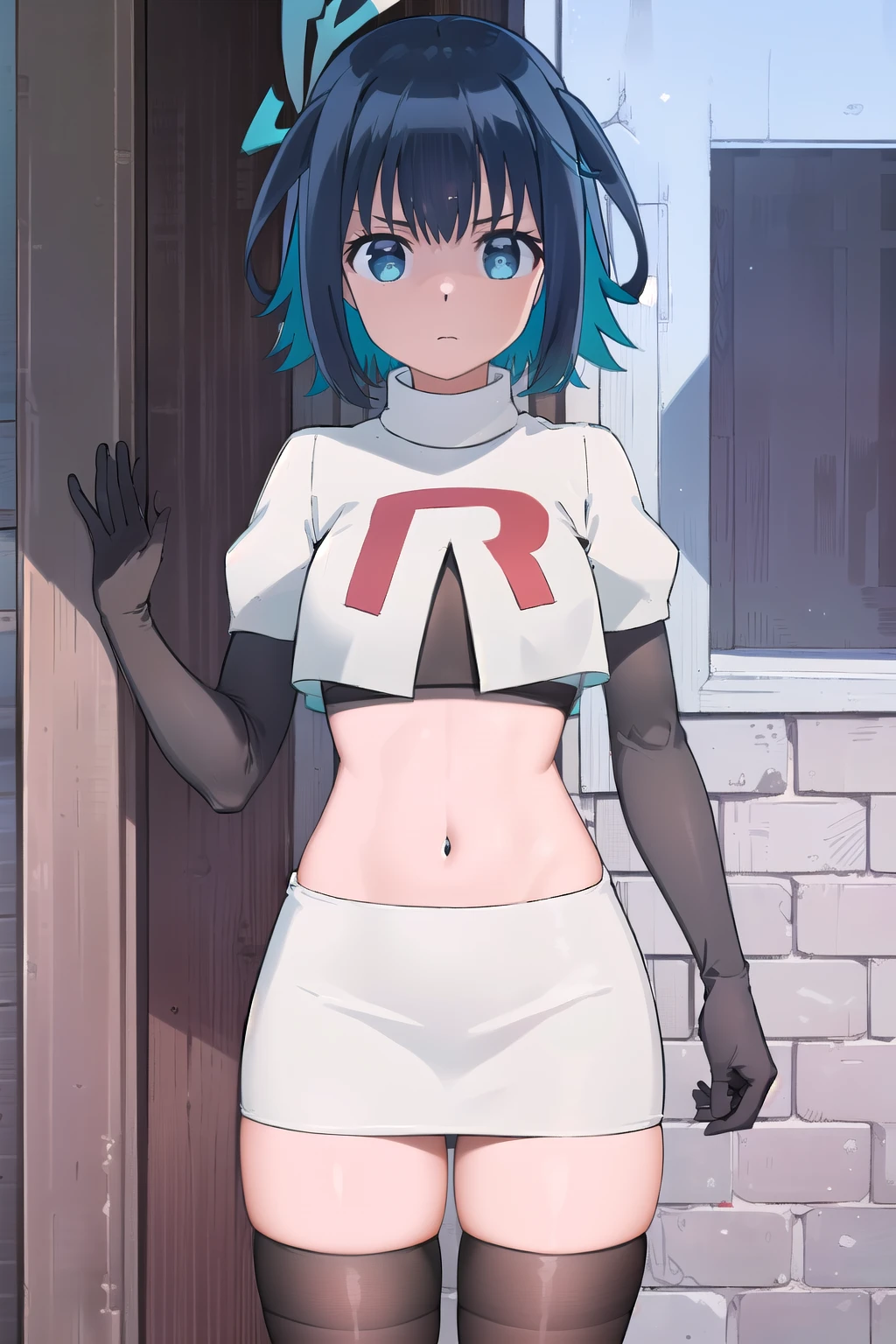 (extremely detailed CG unity 8k wallpaper),(masterpiece),(best quality),(ultra-detailed),(best illustration),(best shadow),(absurdres), Konoha, 1girl, solo, outdoors, looking at viewer, blue eyes, multicolored hair, short hair, blue hair, black hair, two-tone hair, bangs, virtual youtuber, colored inner hair, aqua hair, team rocket,team rocket uniform,white skirt,red letter R,crop top,black thigh-highs,black elbow gloves