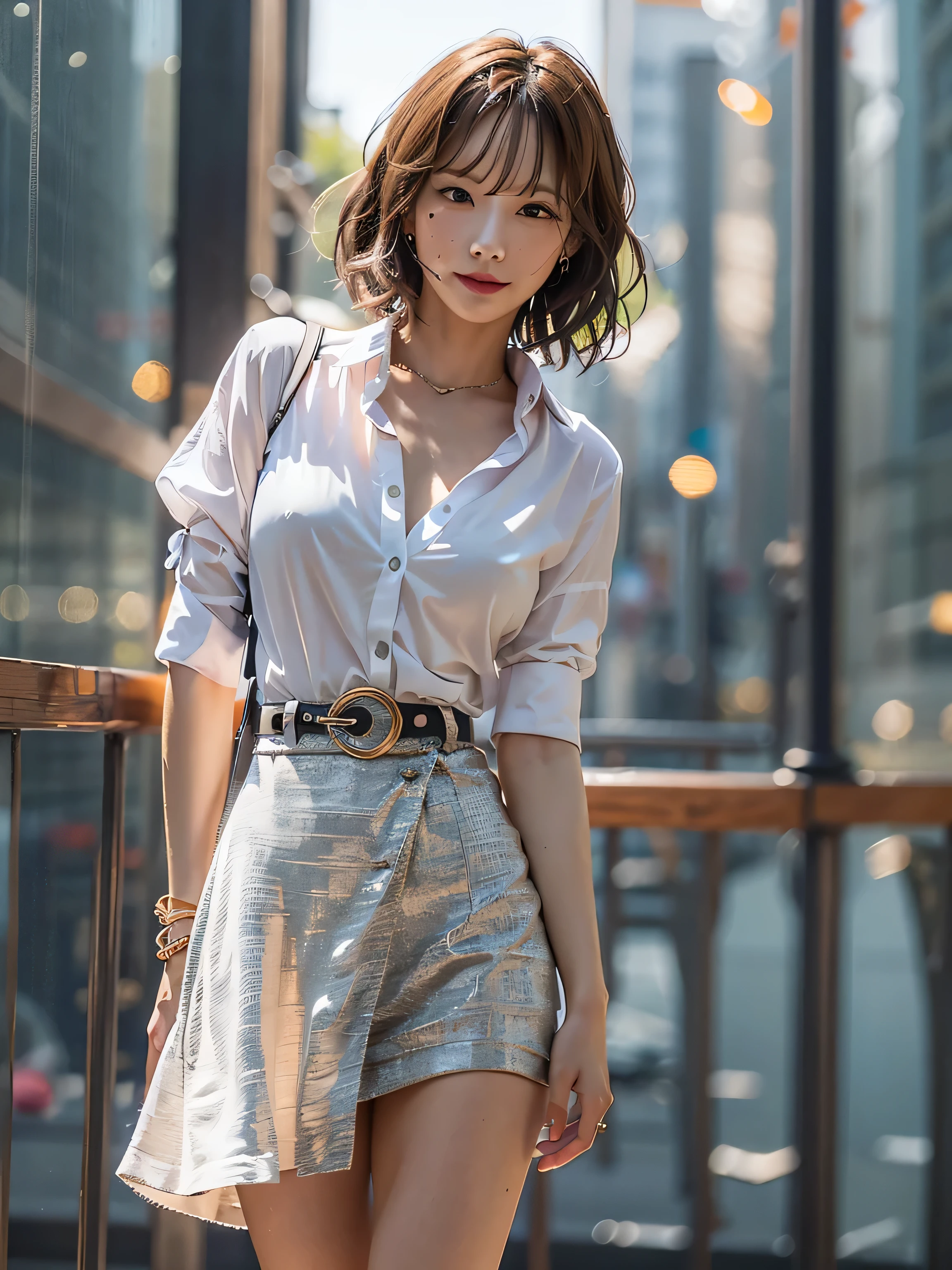 movie photo, 1 woman, Wearing a black professional short skirt, tight short skirt, Wearing a tight white button-down shirt, unbuttoned shirt, short sleeve shirt, charming smile, medium chest, whole body, blushering:1.5, black wavy shoulder length hair, serene, attentive, (Realistic detailed eyes, natural skin texture, Realistic facial details), soft dramatic lighting, depth of field, bokeh, Vibrant details, Detail, surrealism