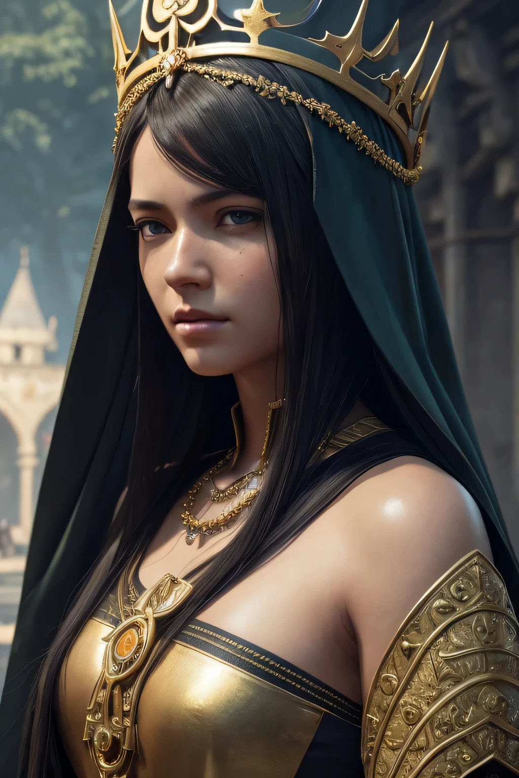 model shooting style, (Highly detailed CG Unity 8K wallpaper), full body photos of the world'The most beautiful artwork, medieval queen, green veil, black skin, black woman, golden crown, diamond, Medieval architecture, Professional majestic oil painting by Ed Blinky, liver gailan, Studio Ghibli, Author Jeremy Mann, Greg Mantis, Antonio Moro, Trends in Artstation, trending on cgsociety, Complex, high detail, sharp focus, dramatic, Realistic Painting Art by Midjourney and Greg Rutkowski, close up of face