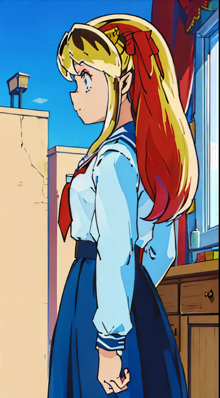 (Masseter muscle part,highest quality,Super detailedな), (character sheet:1.2),whole body, school uniform, Front view, Side view, Rear view, blue eyes, Glowing pupils, delicate hair ornament, (((白いuniform))), ((red tie)), long straight blonde hair, ribbon, light smile, uniform, Reference table, nffsw, Accurate, Super detailed, solid background, high detail, 4K,Dagger decoration,same character,multiple views,heroic fantasy