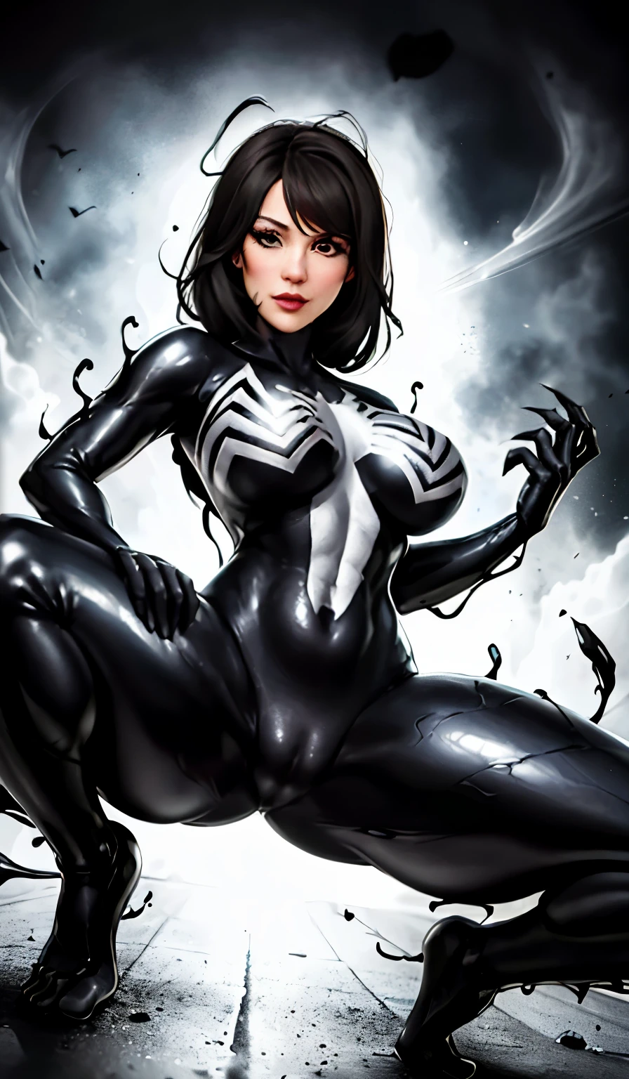 4K,realisticlying,Glamorous,The very detailed,There a girl in Dingcheng,Wearing a black Spider-Man costume,(Black and white:1.4) the night,symbiote,venomize,a large amount of mucus,she a spiderman,Black superhero theme,In front of the sky,Flushed complexion,( Open legs, camel-toe,, Vulvar shape:1.3),(GGCameltoe:1.3)Legs apart,25 age old,full bodyesbian