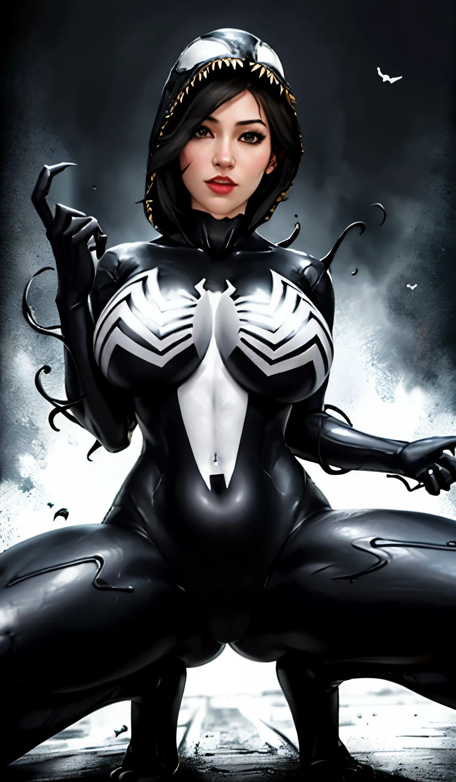 4K，realisticlying，Glamorous，The  very detailed，There  a girl in Dingcheng，Wearing a black Spider-Man costume，（Black and white：1.4） the night,symbiote，venomize，a large amount of mucus,she  a spiderman，Black superhero theme，In front of the sky，Flushed complexion，( Open legs， camel-toe，， Vulvar shape：1.3）,(GGCameltoe:1.3)Legs apart，25 age old，full bodyesbian