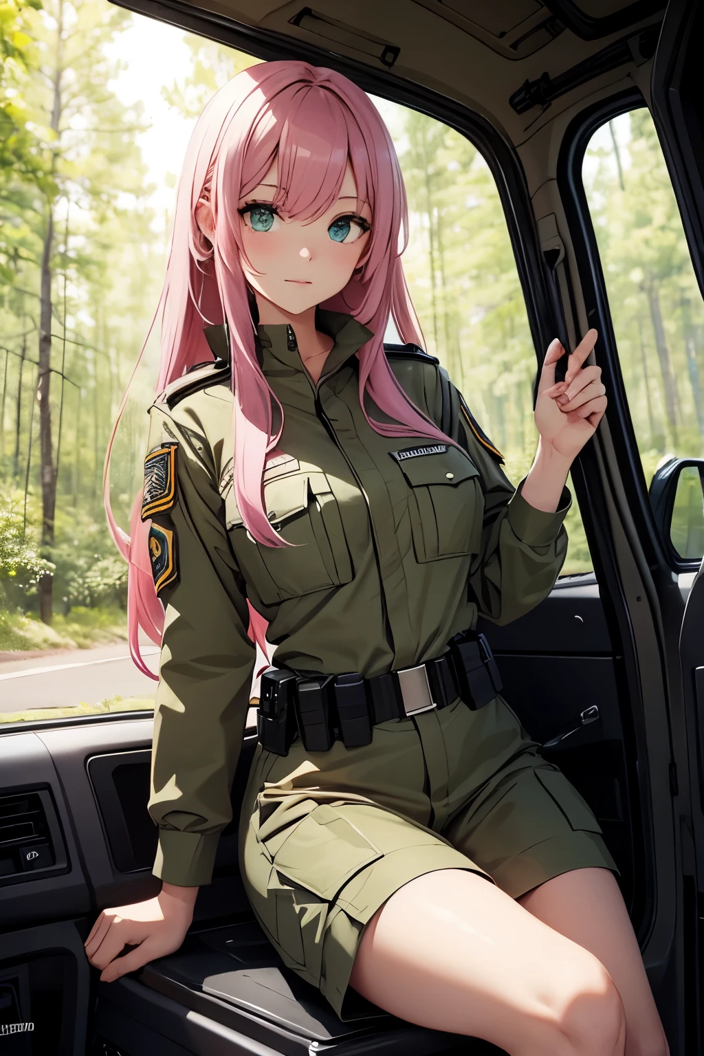 Beautiful woman with long pink hair,green eyes,Wear special operations tactical gear.,driving a military jeep,in forest