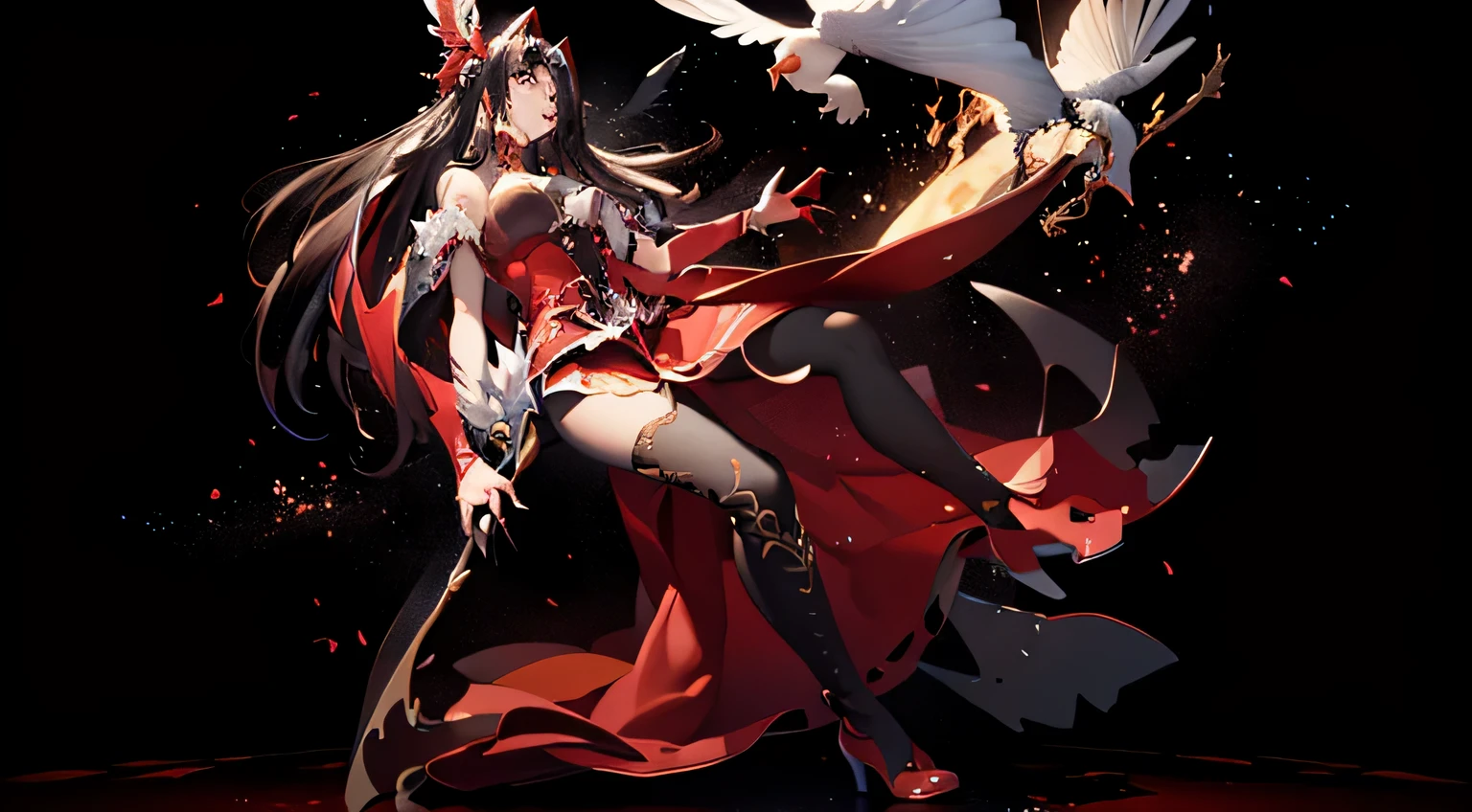 masterpiece,best quality,Super beautiful illustrations,一个wearing red dress的女人躺在地上,He's dead,black hair,White feathers are inserted on the head,with hair dishevelled,wearing red dress,Show your thighs,
