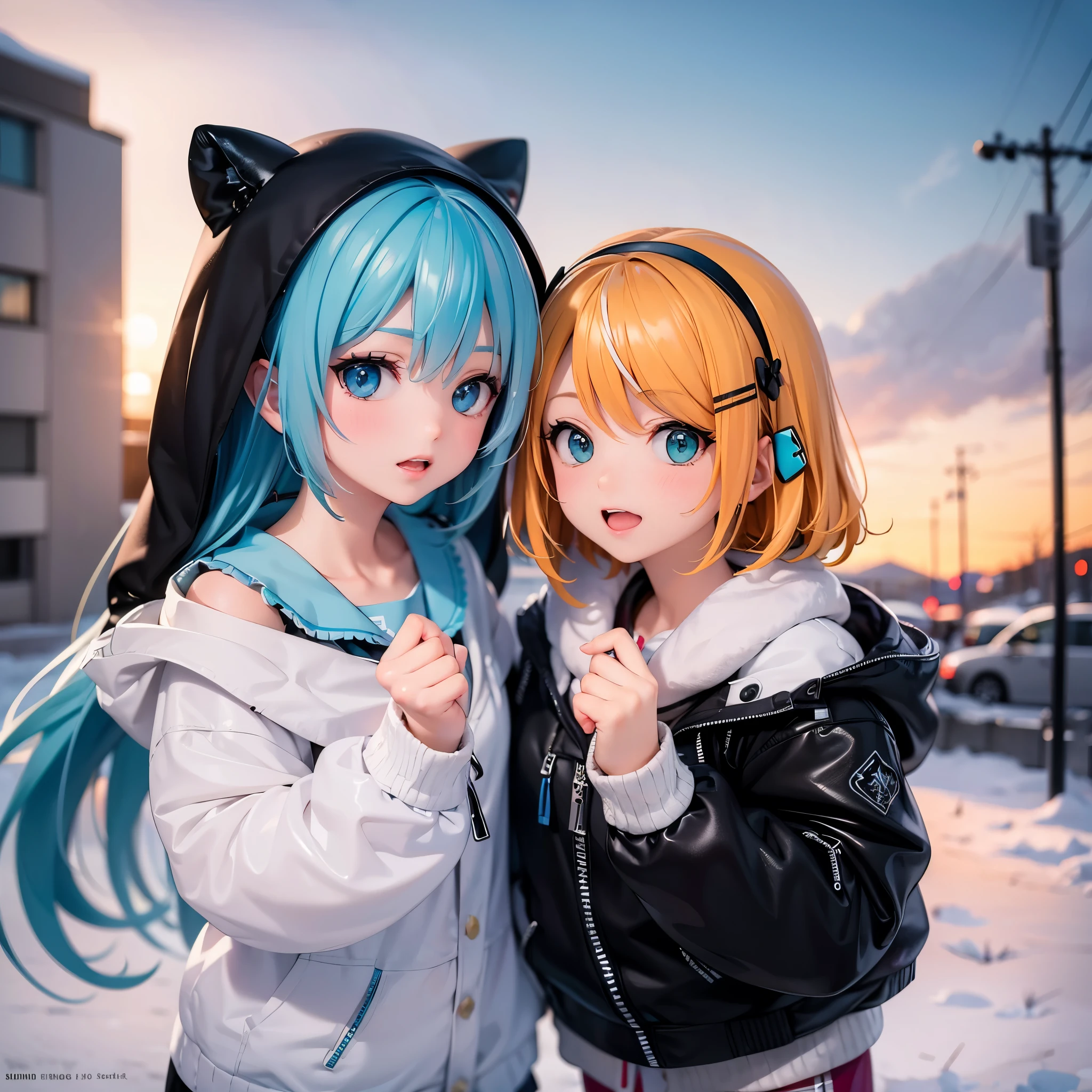 masterpiece, best quality, highly detailed illustration, detailed beautiful face, perfect anatomy, photo realistic,
Hatsune Miku，Kagamine Rin，The two of us are playing in the snow，urban area