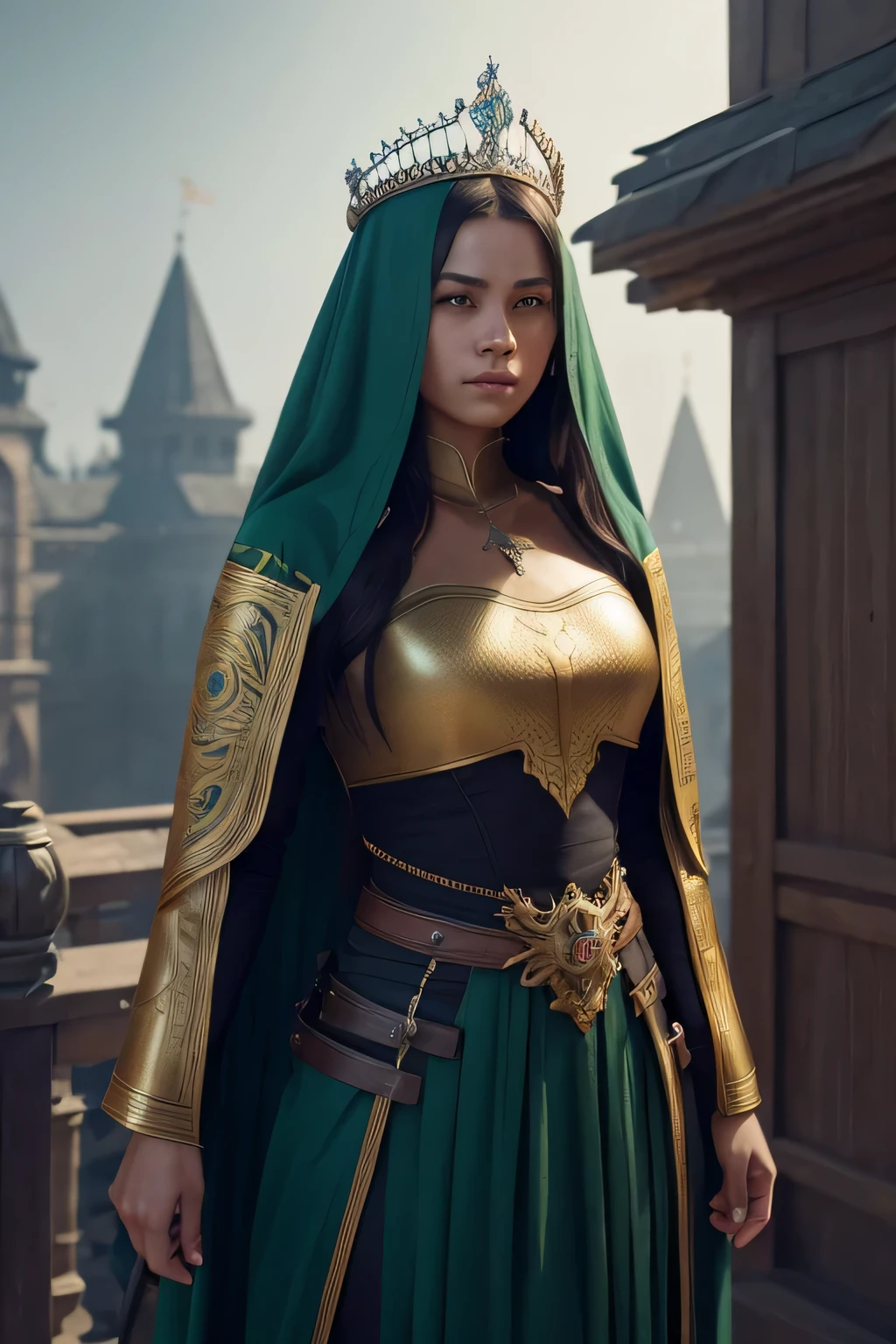 model shooting style, (Highly detailed CG Unity 8K wallpaper), full body photos of the world&#39;The most beautiful artwork, medieval queen, green veil, black skin, black woman, golden crown, diamond, Medieval architecture, Professional majestic oil painting by Ed Blinky, liver gailan, Studio Ghibli, Author Jeremy Mann, Greg Mantis, Antonio Moro, Trends in Artstation, trending on cgsociety, Complex, high detail, sharp focus, dramatic, Realistic Painting Art by Midjourney and Greg Rutkowski