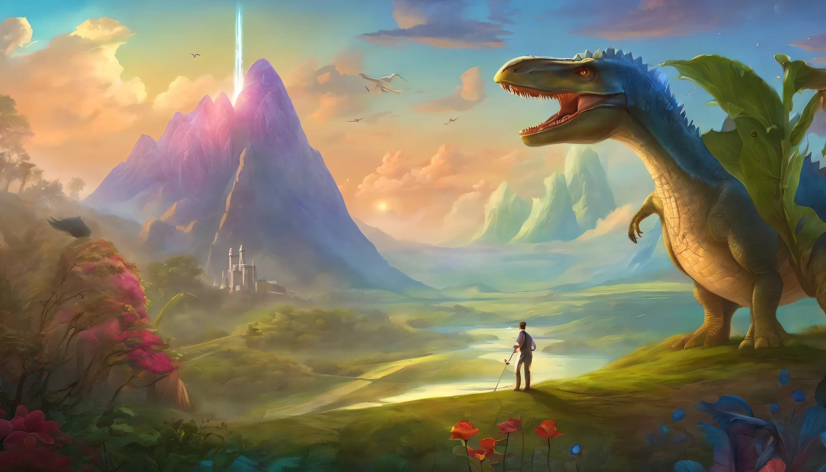 Craft an image where the spaceship and the dinosaur share a whimsical moment, showcasing their unique companionship. Draw inspiration from Vladimir Kush's surreal concepts, infusing a charming blend of whimsy and sci-fi into the characters.