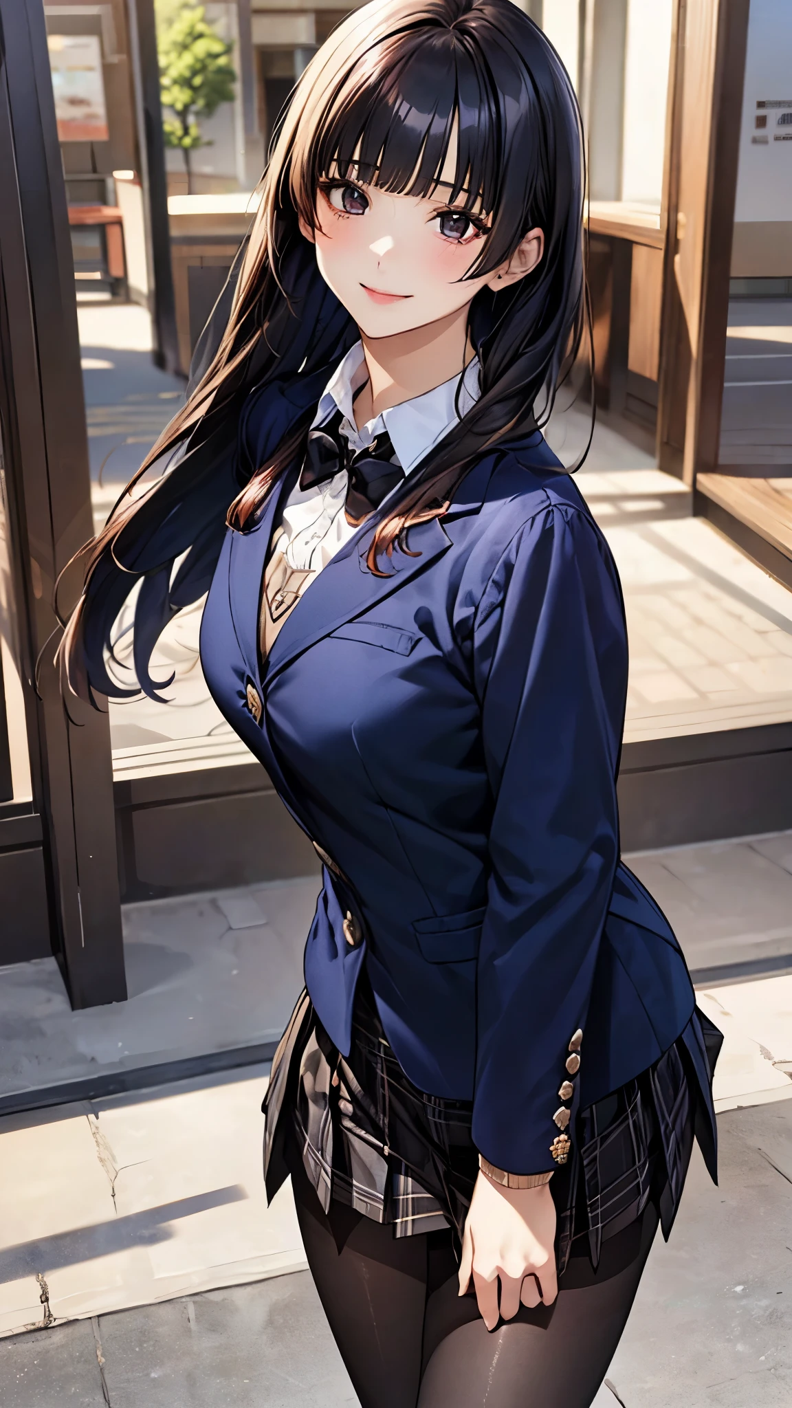 (masterpiece:1.2, top-quality), (realistic, photorealistic:1.4), beautiful illustration, (natural side lighting, movie lighting),
looking down at viewer, from below:1.2, 1 girl, japanese, high school girl, perfect face, cute and symmetrical face, shiny skin, face,
(long hair, hime style, hime cut, black hair), blunt bangs, brown eyes, big eyes, (middle breasts, seductive thighs, big ass),
beautiful hair, beautiful face, beautiful detailed eyes, beautiful clavicle, beautiful body, beautiful chest, beautiful thigh, beautiful legs, beautiful fingers, five fingers,
(((navy blazer, close clothes), white collared shirt, black plaid pleated miniskirt, dark red flat bow tie), black pantyhose),
(beautiful scenery), evening, (shopping mall), walking, (lovly smile, upper eyes),
