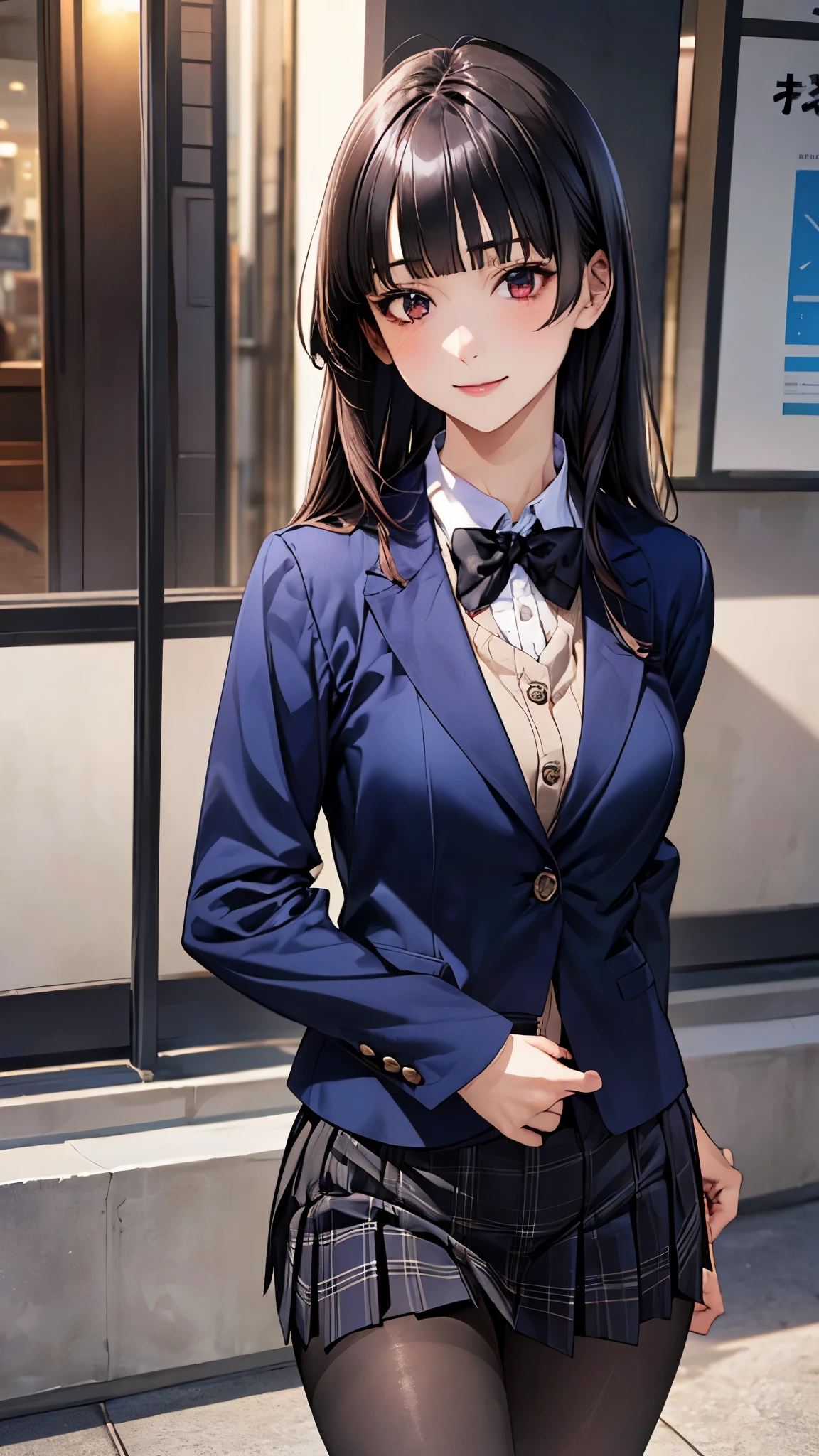(masterpiece:1.2, top-quality), (realistic, photorealistic:1.4), beautiful illustration, (natural side lighting, movie lighting),
looking down at viewer, from below:1.2, 1 girl, japanese, high school girl, perfect face, cute and symmetrical face, shiny skin, babyface,
(long hair, hime style, hime cut, black hair), blunt bangs, brown eyes, big eyes, (middle breasts, seductive thighs, big ass),
beautiful hair, beautiful face, beautiful detailed eyes, beautiful clavicle, beautiful body, beautiful chest, beautiful thigh, beautiful legs, beautiful fingers, five fingers,
(((navy blazer, close clothes), white collared shirt, black plaid pleated miniskirt, dark red flat bow tie), black pantyhose),
(beautiful scenery), evening, (shopping mall), walking, (lovly smile, upper eyes),