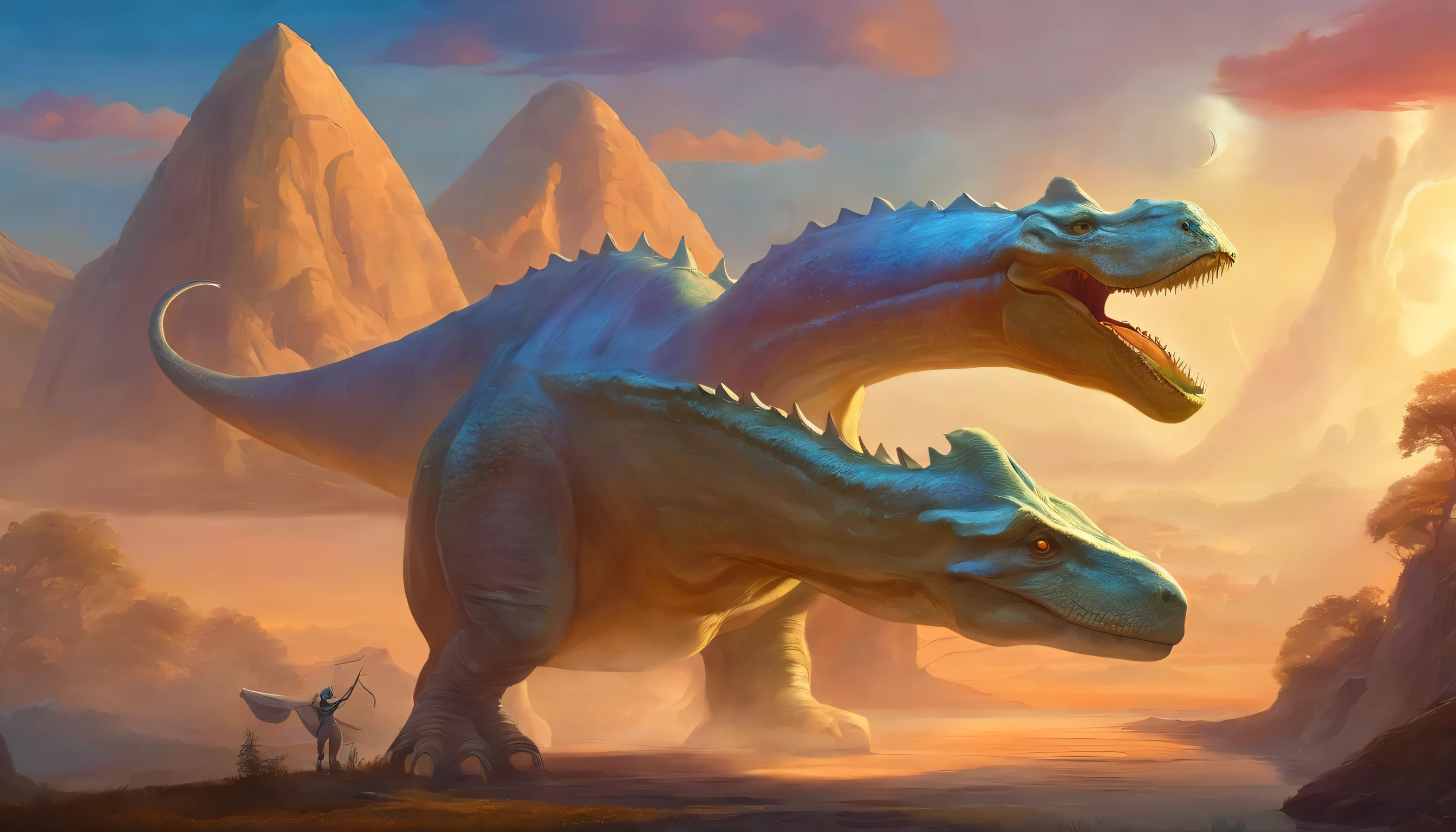 Craft an image where the spaceship and the dinosaur share a whimsical moment, showcasing their unique companionship. Draw inspiration from Vladimir Kush's surreal concepts, infusing a charming blend of whimsy and sci-fi into the characters.