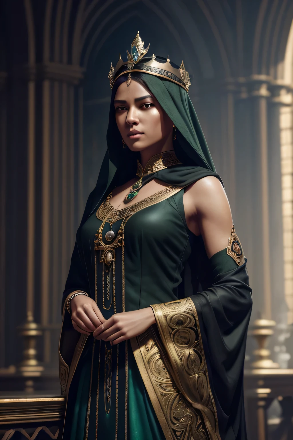 model shooting style, (Highly detailed CG Unity 8K wallpaper), full body photos of the world&#39;The most beautiful artwork, medieval queen, green veil, black skin, black woman, golden crown, diamond, Medieval architecture, Professional majestic oil painting by Ed Blinky, liver gailan, Studio Ghibli, Author Jeremy Mann, Greg Mantis, Antonio Moro, Trends in Artstation, trending on cgsociety, Complex, high detail, sharp focus, dramatic, Realistic Painting Art by Midjourney and Greg Rutkowski