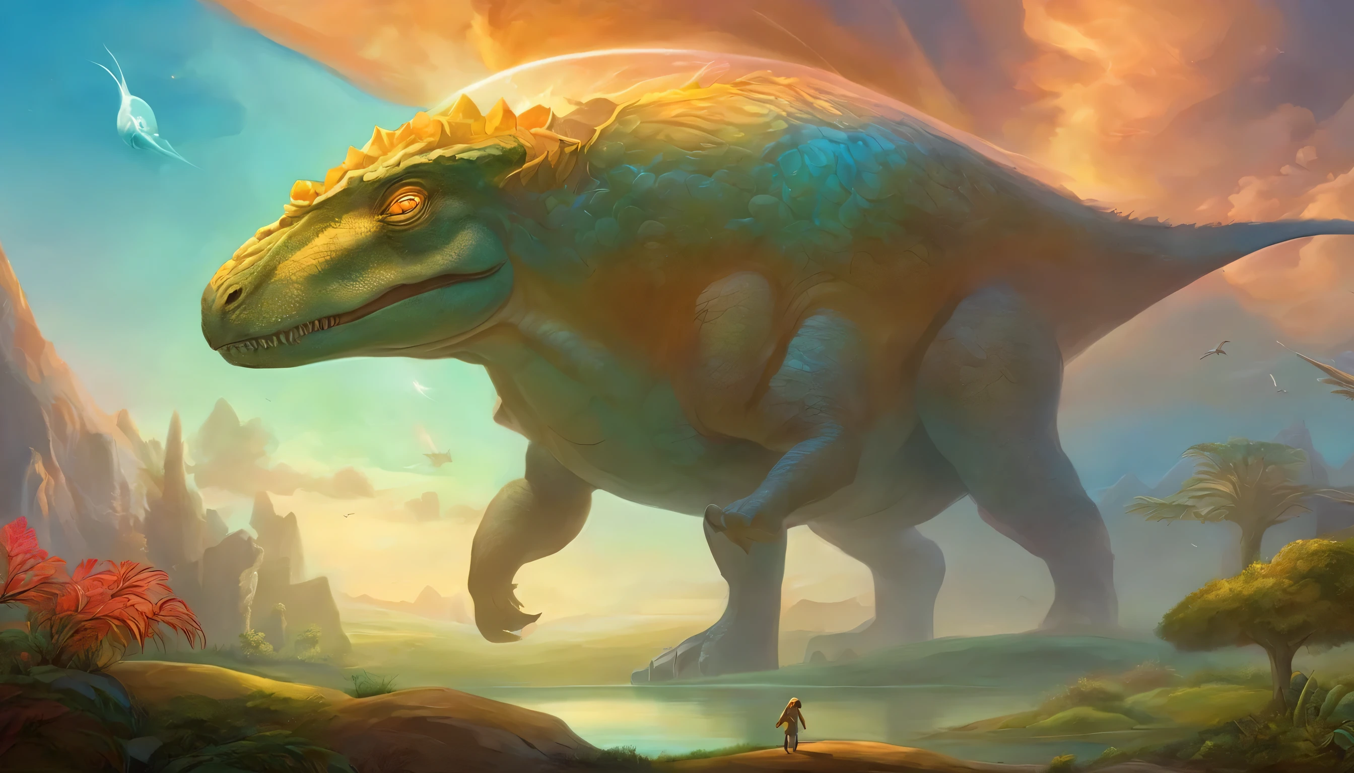  Craft an image where the spaceship and the dinosaur share a whimsical moment, showcasing their unique companionship. Draw inspiration from Vladimir Kush's surreal concepts, infusing a charming blend of whimsy and sci-fi into the characters.