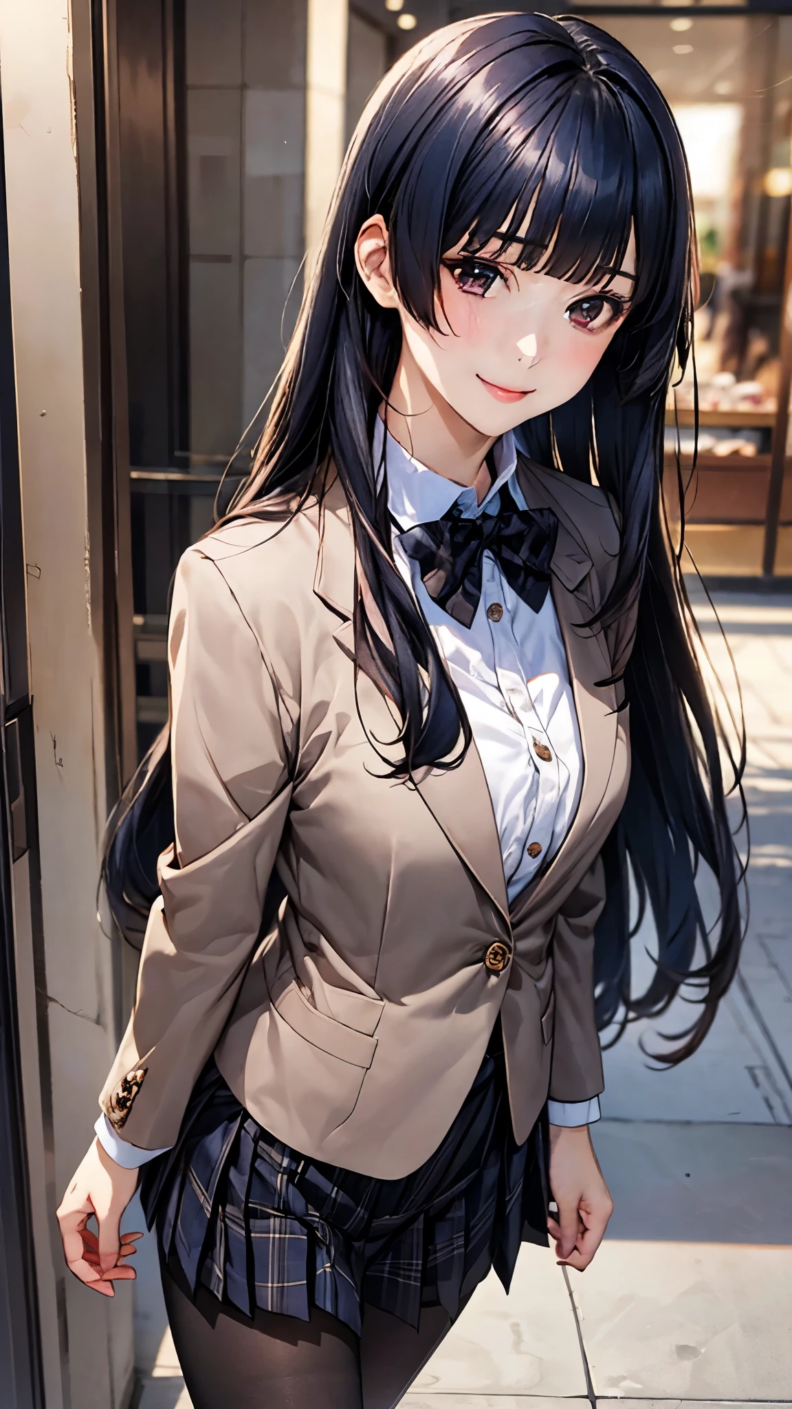 (masterpiece:1.2, top-quality), (realistic, photorealistic:1.4), beautiful illustration, (natural side lighting, movie lighting), 
looking down at viewer, from below:1.2, 1 girl, japanese, high school girl, perfect face, cute and symmetrical face, shiny skin, face, 
(long hair, hime style, hime cut, black hair), blunt bangs, brown eyes, big eyes, (middle breasts, seductive thighs, big ass), 
beautiful hair, beautiful face, beautiful detailed eyes, beautiful clavicle, beautiful body, beautiful chest, beautiful thigh, beautiful legs, beautiful fingers, five fingers, 
(((navy blazer, close clothes), white collared shirt, black plaid pleated miniskirt, dark red flat bow tie), black pantyhose), 
(beautiful scenery), evening, (shopping mall), walking, (lovly smile, upper eyes), 