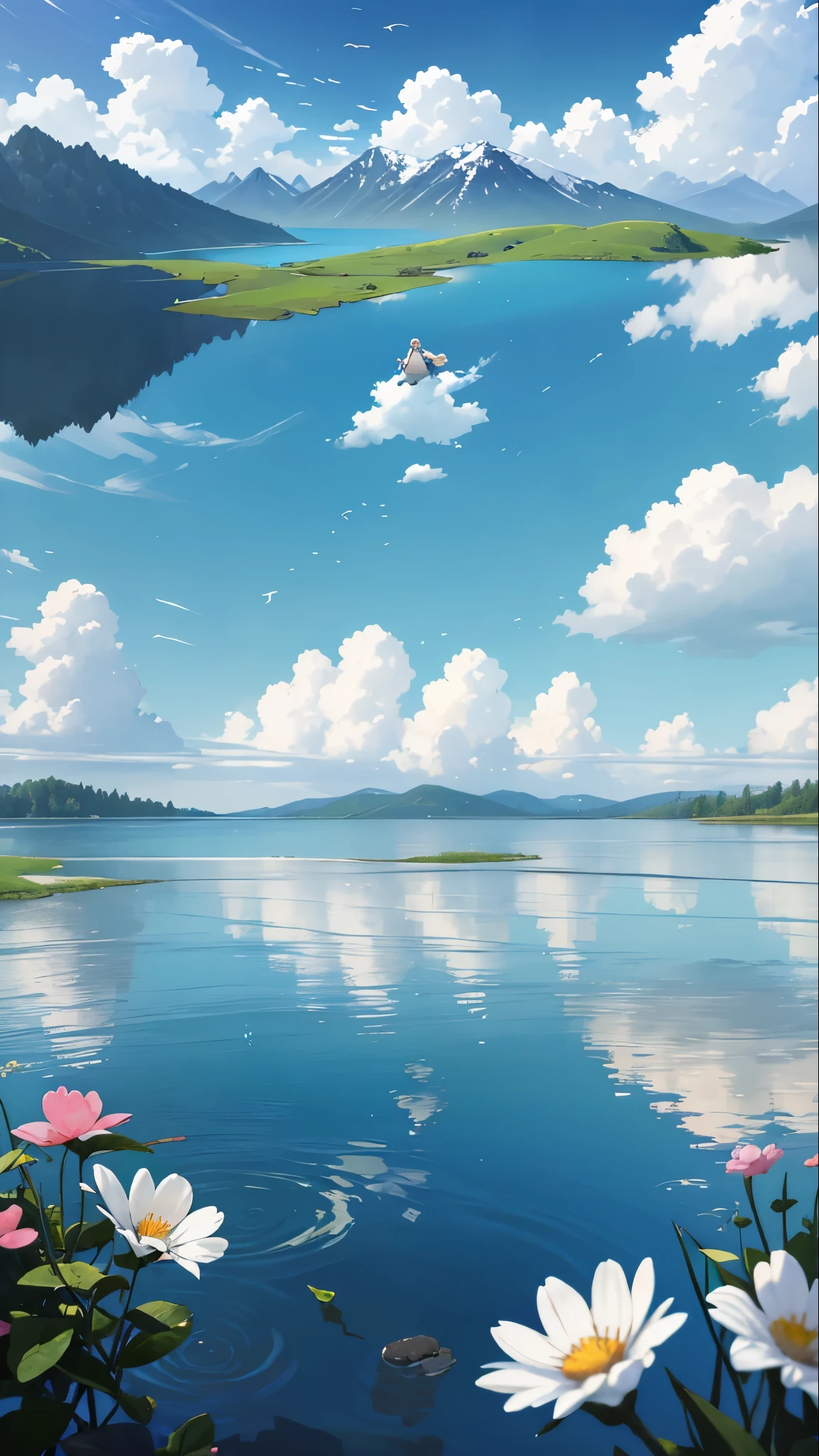 Summer, meadows, a few small flowers, clear lakes, sheep, heaven, large clouds, blue sky, hot weather, HD detail, hyper-detail, cinematic, surrealism, soft light, deep field focus bokeh, distant vistas are snowy mountains, ray tracing, and surrealism. --v6