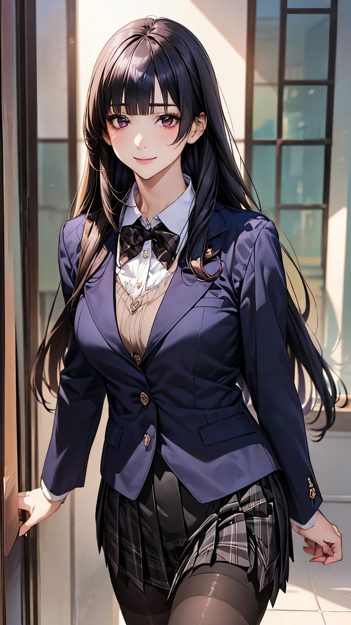 (masterpiece:1.2, top-quality), (realistic, photorealistic:1.4), beautiful illustration, (natural side lighting, movie lighting),
looking down at viewer, from below:1.2, 1 girl, japanese, high school girl, perfect face, cute and symmetrical face, shiny skin, face,
(long hair, hime style, hime cut, black hair), blunt bangs, brown eyes, big eyes, (middle breasts, seductive thighs, big ass),
beautiful hair, beautiful face, beautiful detailed eyes, beautiful clavicle, beautiful body, beautiful chest, beautiful thigh, beautiful legs, beautiful fingers, five fingers,
(((dark purple blazer, close clothes), white collared shirt, black plaid pleated miniskirt, dark red flat bow tie), black pantyhose),
(beautiful scenery), evening, (shopping mall), walking, (lovly smile, upper eyes),