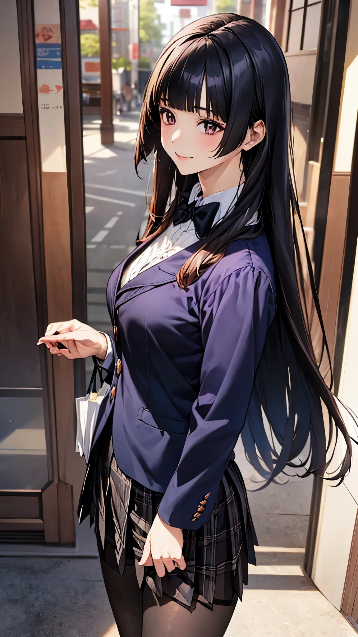 (masterpiece:1.2, top-quality), (realistic, photorealistic:1.4), beautiful illustration, (natural side lighting, movie lighting),
looking down at viewer, from below:1.2, 1 girl, japanese, high school girl, perfect face, cute and symmetrical face, shiny skin, babyface,
(long hair, hime style, hime cut, black hair), blunt bangs, brown eyes, big eyes, (middle breasts, seductive thighs, big ass),
beautiful hair, beautiful face, beautiful detailed eyes, beautiful clavicle, beautiful body, beautiful chest, beautiful thigh, beautiful legs, beautiful fingers, five fingers,
(((dark purple blazer, close clothes), white collared shirt, black plaid pleated miniskirt, dark red flat bow tie), black pantyhose),
(beautiful scenery), evening, (shopping mall), walking, (lovly smile, upper eyes),
