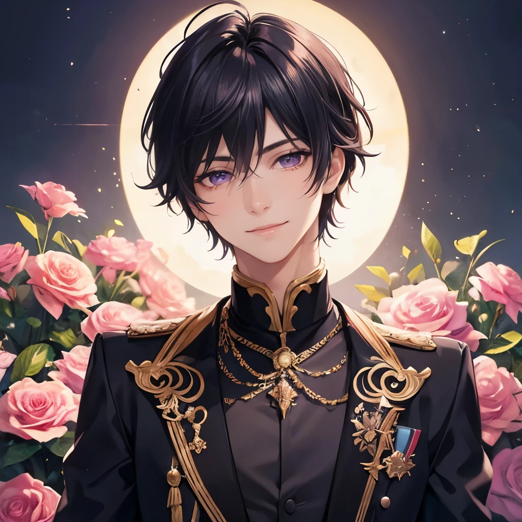 fantastic art of a beautiful prince,18yo,male,black short hair,beautiful purple eyes,wearing prince wear,smile,happy,noble,flower garden,top quality,best picture quality,super masterpiece,super detailed,detailed light,fantastic atmosphere,very delicate and beautiful,highly detailed digital painting,cinematic lighting,8k