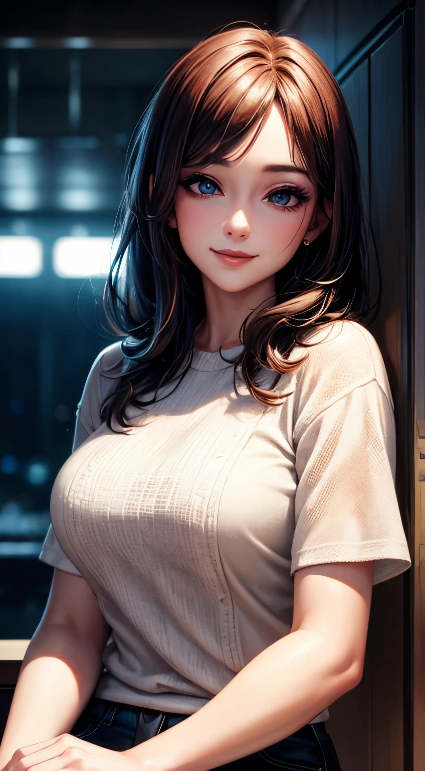 Woman, 30 years, makeup, casual clothes ,seductive smile, cinematic lighting, bloom, sideways, UHD, masterpiece, textured skin, super detail, high quality