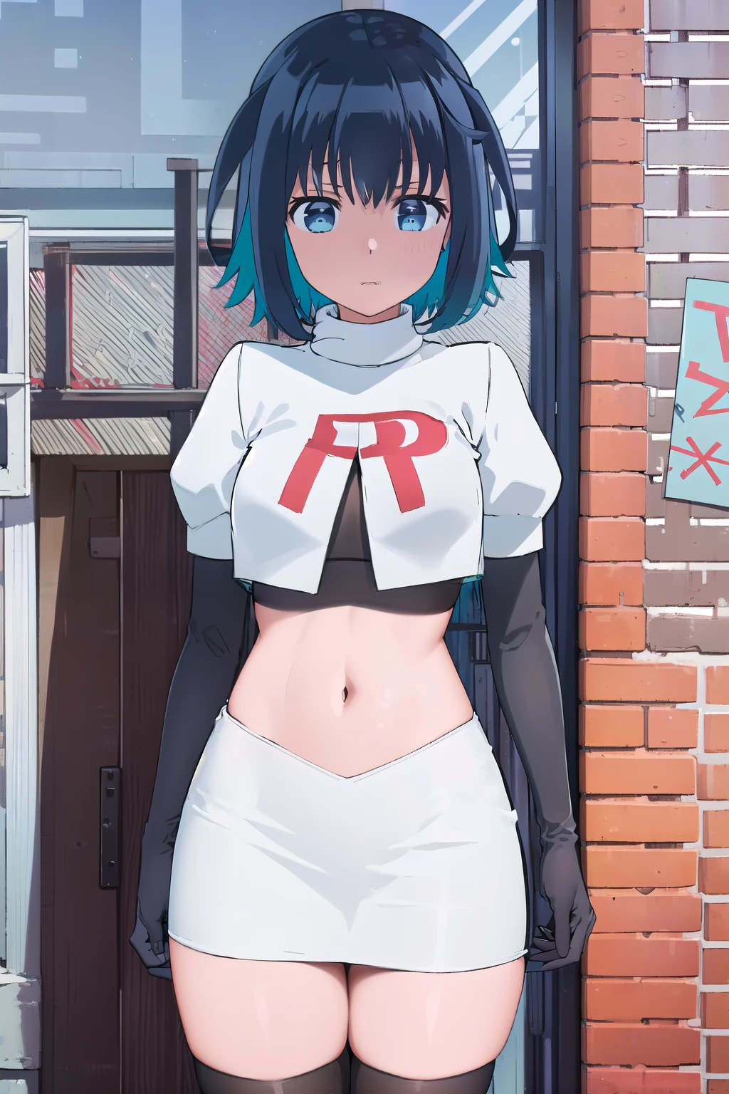 (extremely detailed CG unity 8k wallpaper),(masterpiece),(best quality),(ultra-detailed),(best illustration),(best shadow),(absurdres),  Konoha, 1girl, solo, outdoors, looking at viewer, blue eyes, multicolored hair, short hair, blue hair, black hair, two-tone hair, bangs, virtual youtuber, colored inner hair, aqua hair, team rocket,team rocket uniform,white skirt,red letter R,crop top,black thigh-highs,black elbow gloves