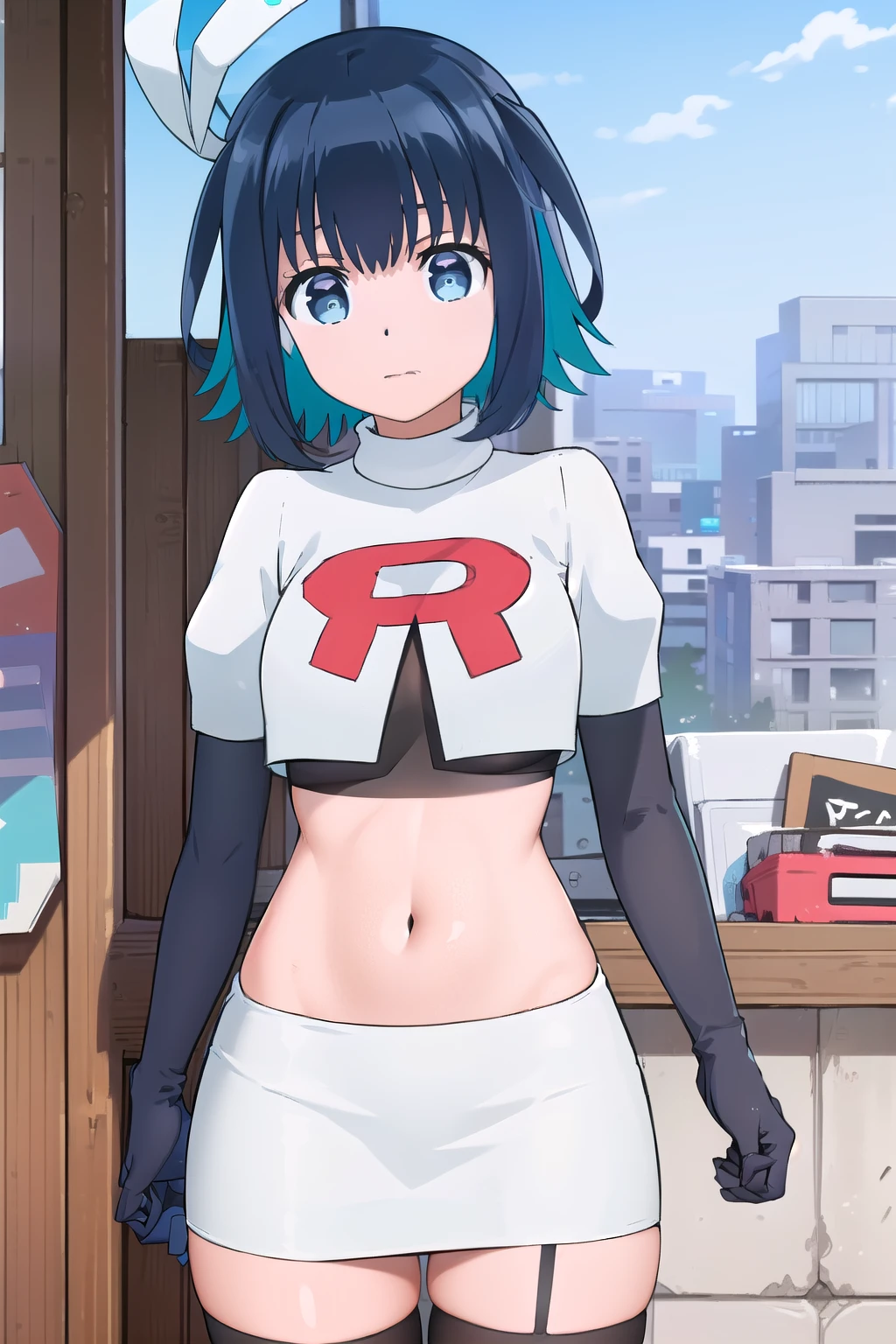 (extremely detailed CG unity 8k wallpaper),(masterpiece),(best quality),(ultra-detailed),(best illustration),(best shadow),(absurdres), Konoha, 1girl, solo, outdoors, looking at viewer, blue eyes, multicolored hair, short hair, blue hair, black hair, two-tone hair, bangs, virtual youtuber, colored inner hair, aqua hair, team rocket,team rocket uniform,white skirt,red letter R,crop top,black thigh-highs,black elbow gloves