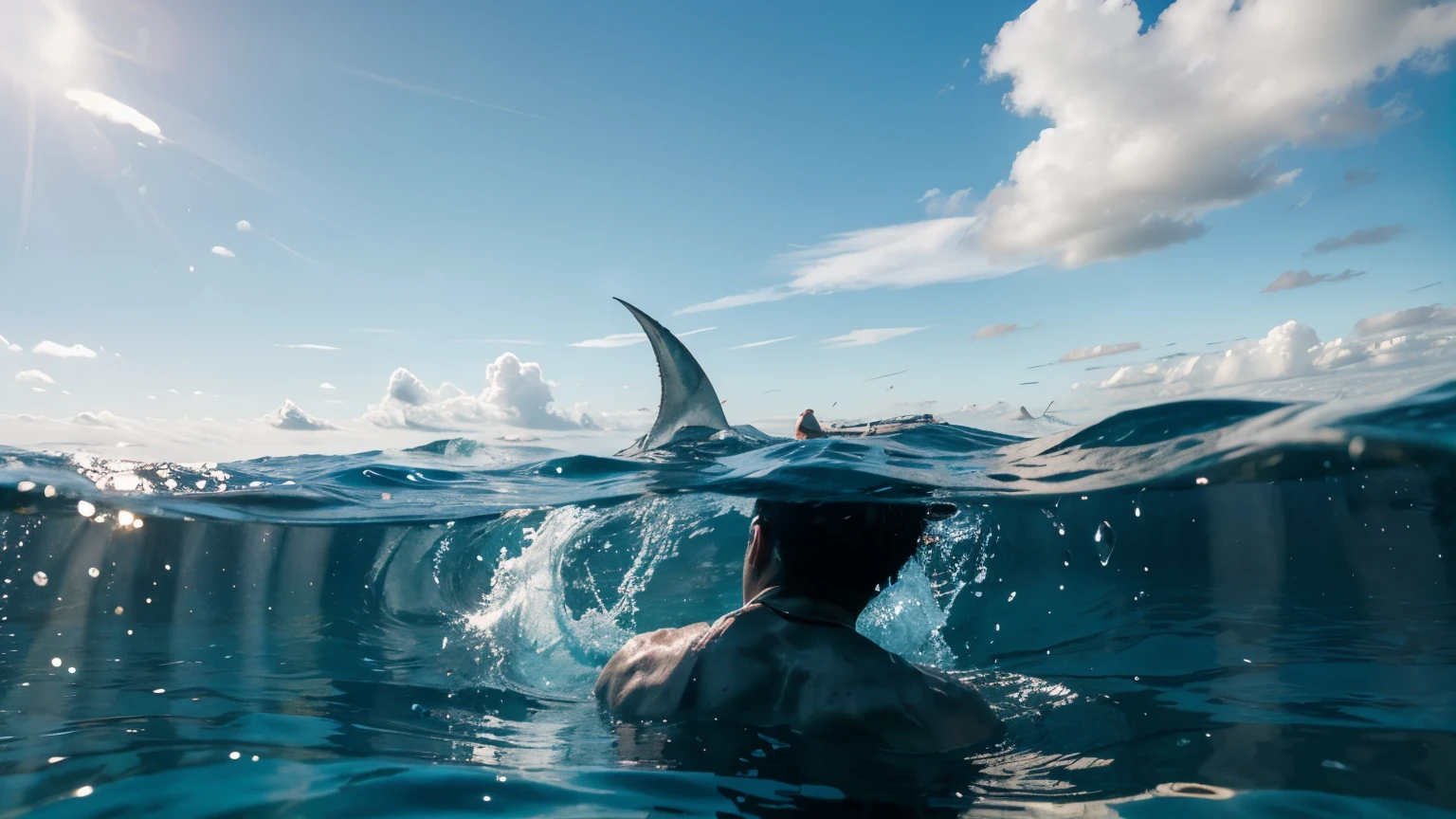 make a man in the water with his back turned, and a shark fin in front of him sticking out of the water, make the water with gentle ripples and the blue sky with few clouds, sunny day, make it as realistic as possible.