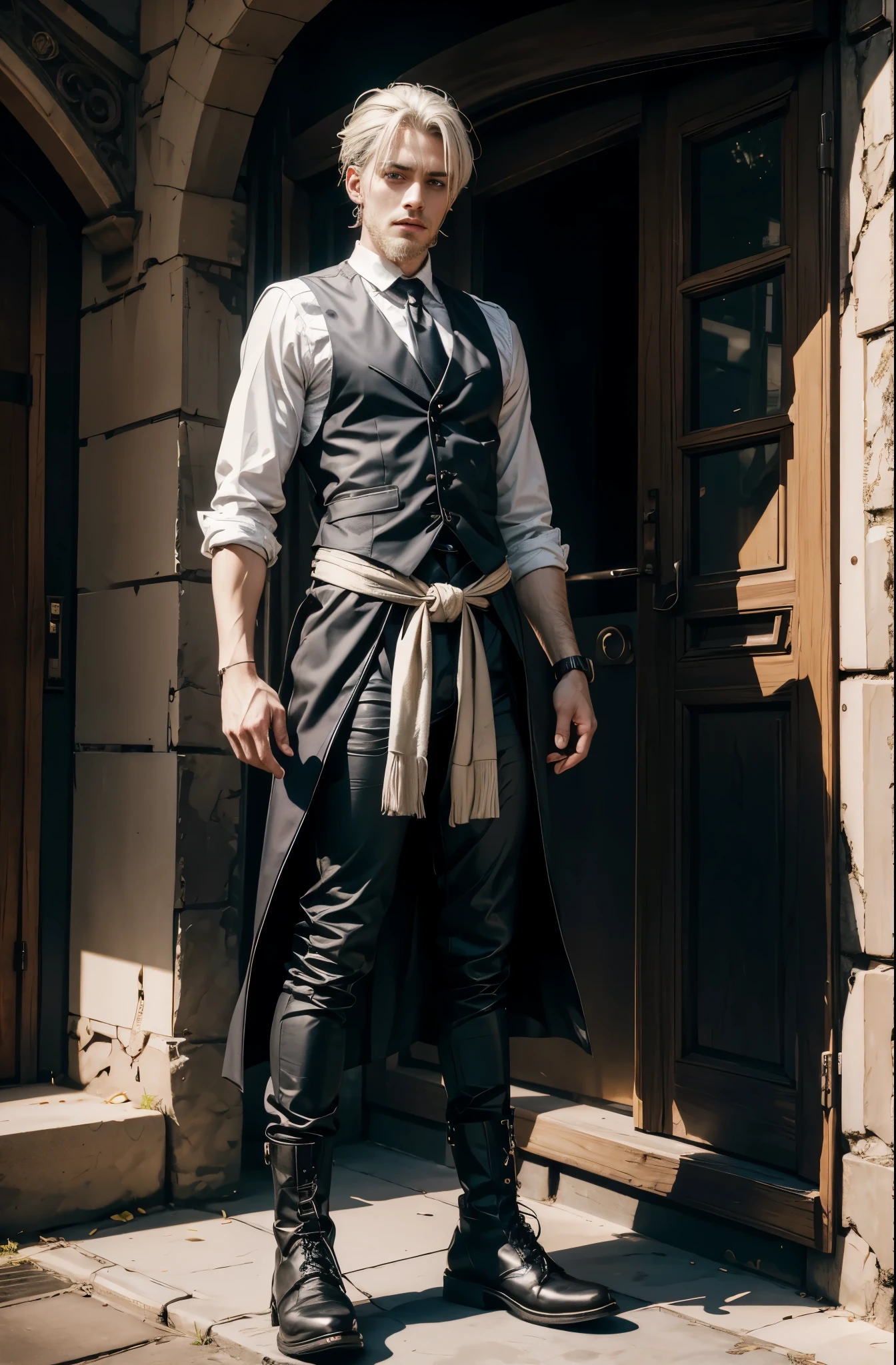 um homem magro com 28 anos, cabelo branco com franja elegante e branca, barba curta e olhos amarelos expressivos e rosto calmo, vestindo coletes pretos e botas pretas, levante-se
