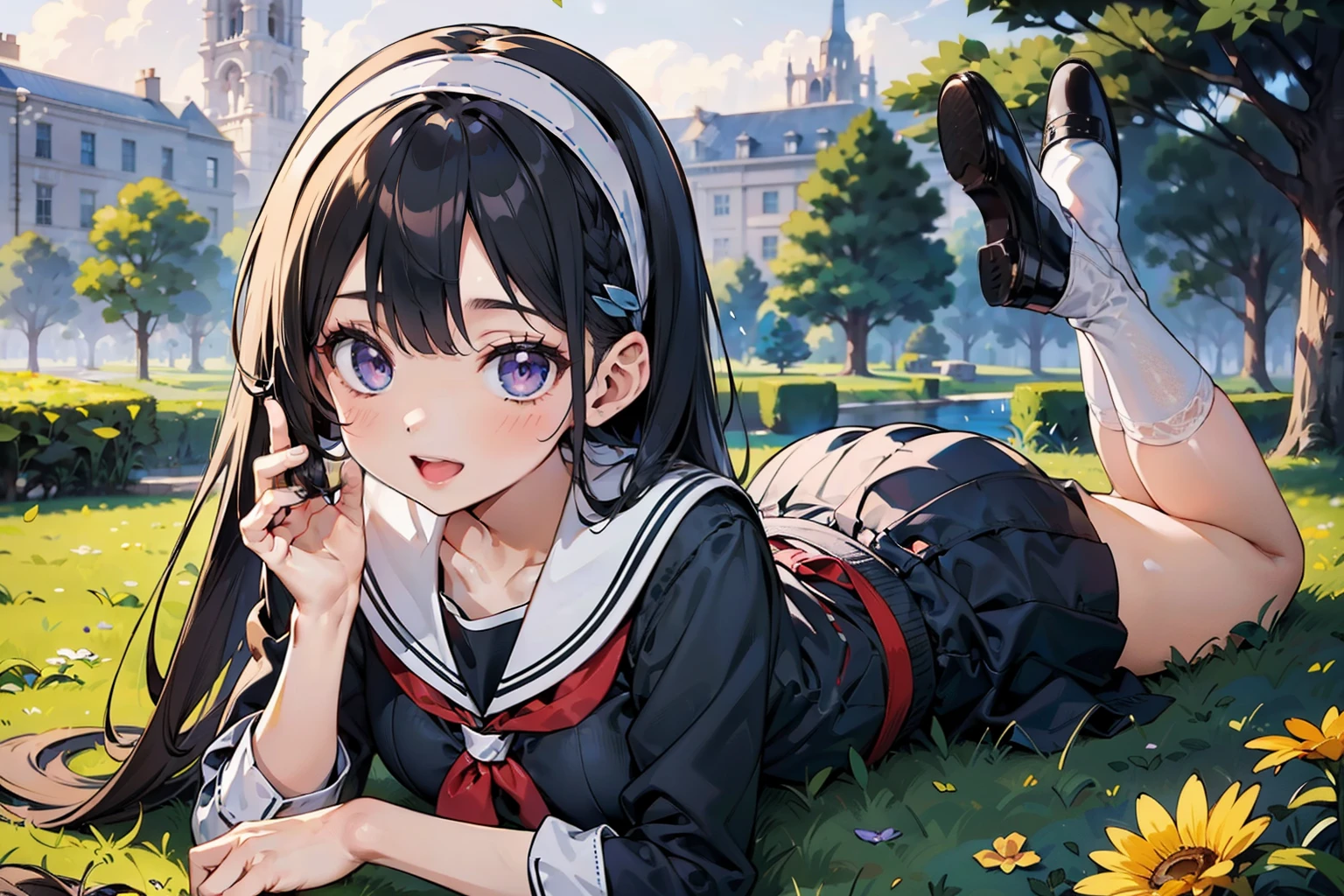 body 8 times longer than head, (Highly detailed CG unity 8k), (highest quality)，(very detailed)，(ultra high resolution), black hair, High school girl wearing a navy sailor suit, Anime 2D rendering, realistic young anime high school girl, ((White headband)), purple eyes, small breasts, tall, slanted eyes, (school scenery), black stockings, bright color, open your mouth, Dark blue skirt,  braid hair, Bangs Patsun, position looking down from above, lie on your stomach, Photographing flowers blooming on the ground with a smartphone, smile, 