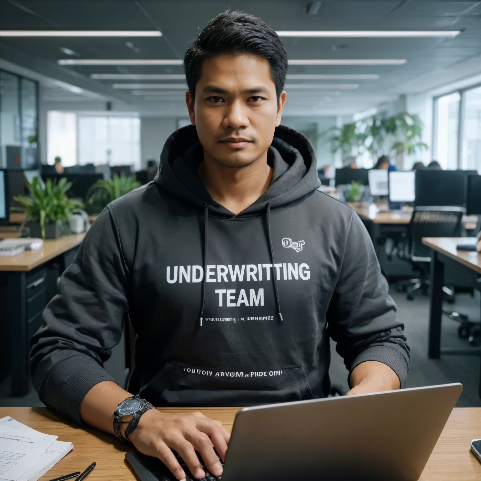 realistic photo of a 34 year old Indonesian man wearing a hoodie with underwriting team written on it, holding a laptop
 photography office room background, ultra HD, Cinematic.
