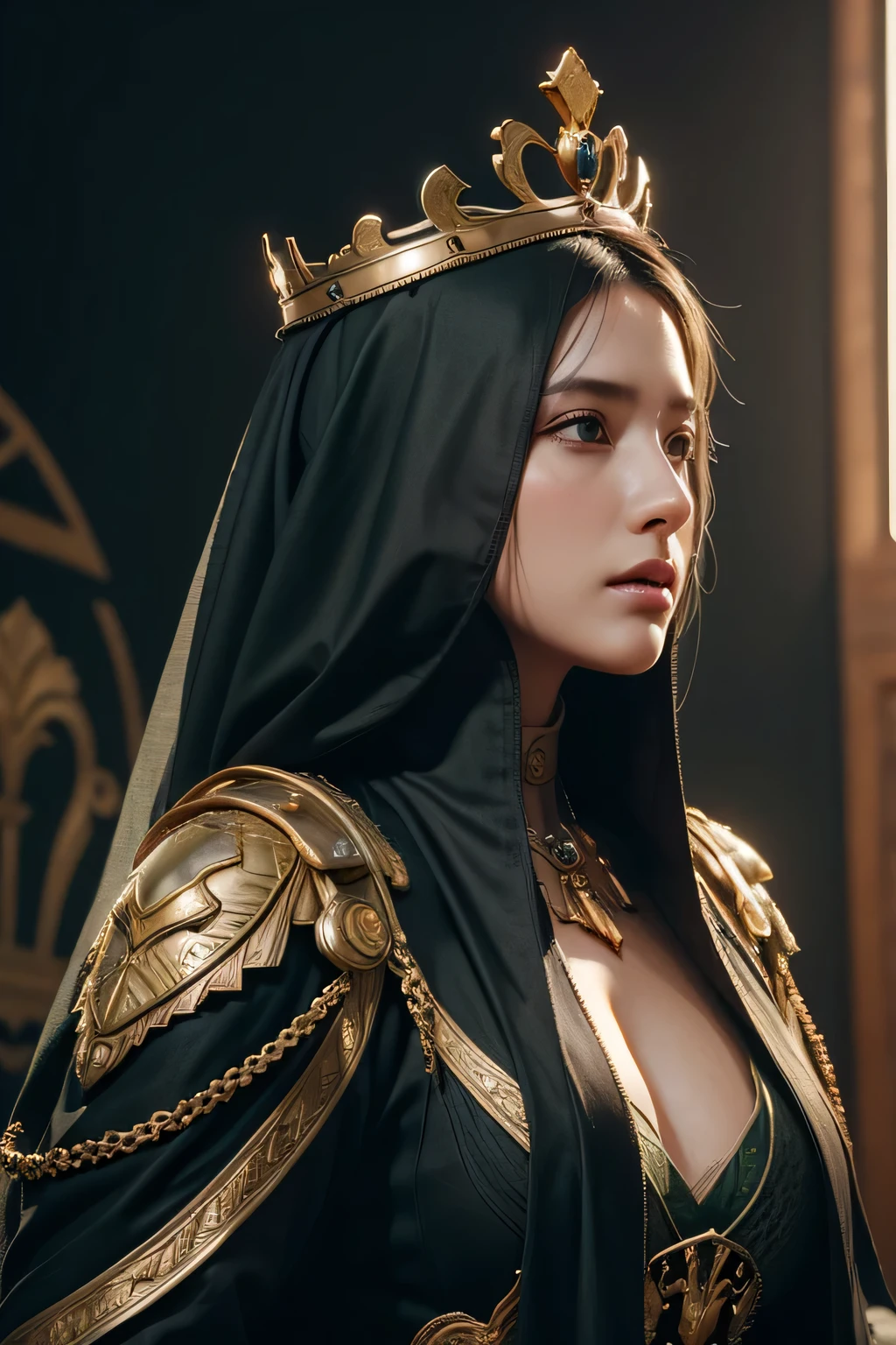 model shooting style, (Highly detailed CG Unity 8K wallpaper), full body photos of the world'The most beautiful artwork, medieval queen, green veil, black skin, black woman, golden crown, diamond, Medieval architecture, Professional majestic oil painting by Ed Blinky, liver gailan, Studio Ghibli, Author Jeremy Mann, Greg Mantis, Antonio Moro, Trends in Artstation, trending on cgsociety, Complex, high detail, sharp focus, dramatic, Realistic Painting Art by Midjourney and Greg Rutkowski
