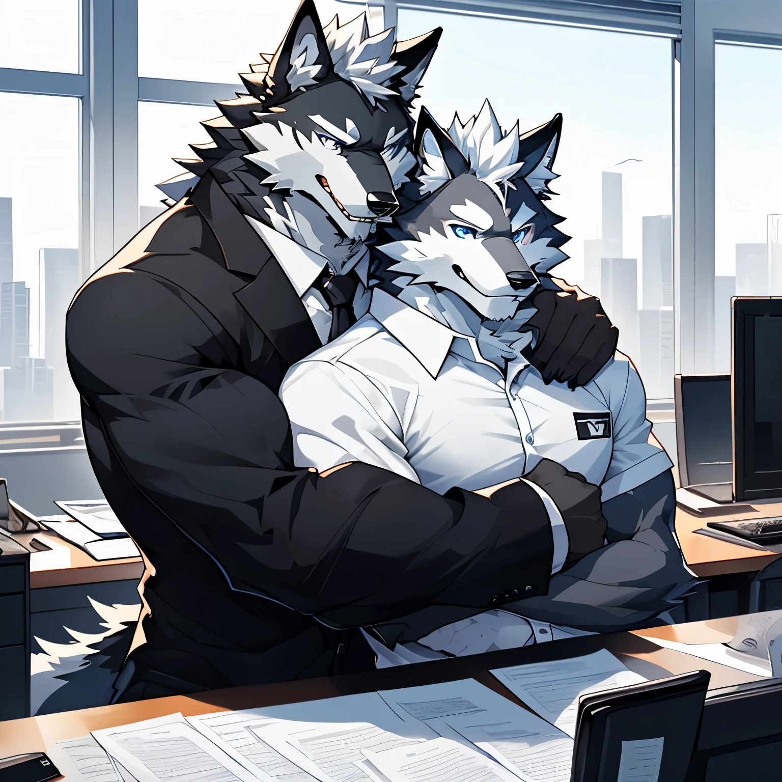 (Best Quality), 1Male,  (Furry Black-and-white Bicolor Wolf), Blue Eyes, White Medium Hair, Business Set, Muscular, Good Looking, teeth, 1Male, (Furry Black Wolf), Purple Eyes, Business Set, Good Looking, Muscular, ((Black-and-white Bicolor Wolf Hugging Black Wolf)), Comfortable, Warm Feeling, In office Background.