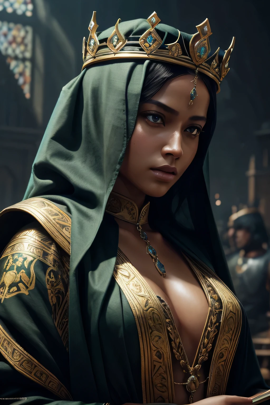 model shooting style, (Highly detailed CG Unity 8K wallpaper), full body photos of the world'The most beautiful artwork, medieval queen, green veil, black skin, black woman, golden crown, diamond, Medieval architecture, Professional majestic oil painting by Ed Blinky, liver gailan, Studio Ghibli, Author Jeremy Mann, Greg Mantis, Antonio Moro, Trends in Artstation, trending on cgsociety, Complex, high detail, sharp focus, dramatic, Realistic Painting Art by Midjourney and Greg Rutkowski