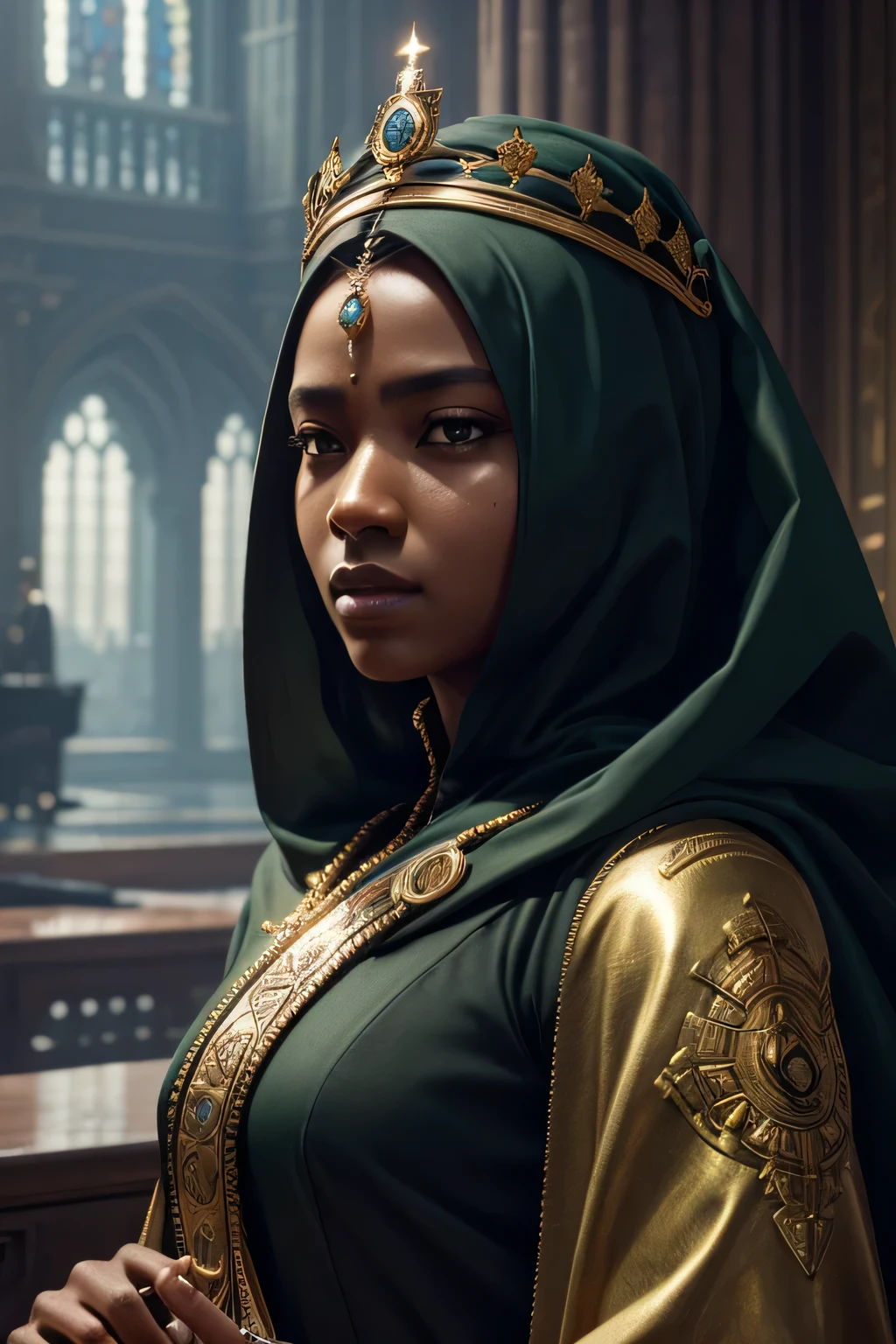 model shooting style, (Highly detailed CG Unity 8K wallpaper), full body photos of the world'The most beautiful artwork, medieval queen, green veil, black skin, black woman, golden crown, diamond, Medieval architecture, Professional majestic oil painting by Ed Blinky, liver gailan, Studio Ghibli, Author Jeremy Mann, Greg Mantis, Antonio Moro, Trends in Artstation, trending on cgsociety, Complex, high detail, sharp focus, dramatic, Realistic Painting Art by Midjourney and Greg Rutkowski